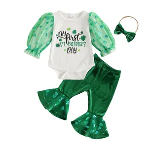 Baby Girls St Patricks Day Outfits Shamrock Long Sleeve Romper Bodysuit with Flared Pants Headband Set