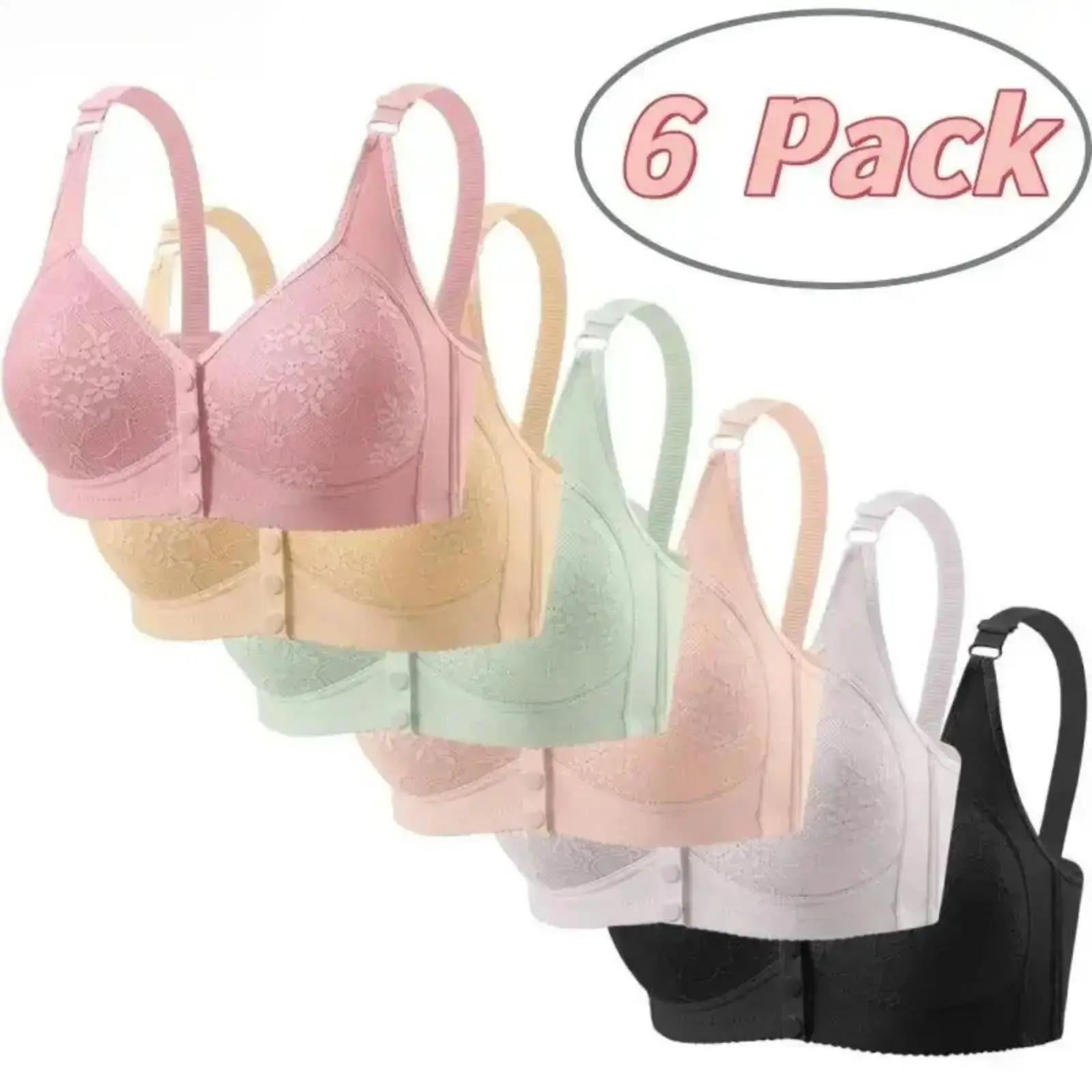 6-Pack/3-Pack Luxury Front Closure Underwear Wire-Free Sports Bra with Push-Up Support Lingerie Thin Cotton Fixed Cups Breathable Adjustable Comfort Fit Mom Tank Style Women's Innerwear for Daily Wear and Active Lifestyle tiktokshopbacktoschool