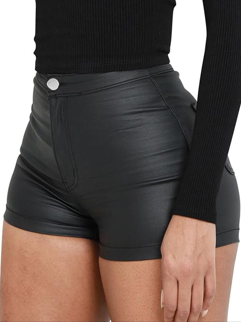 Women's High-Waisted Faux Leather Shorts - Matte Slim-Fit Design - Comfortable Stretchy Fabric - Tummy Control