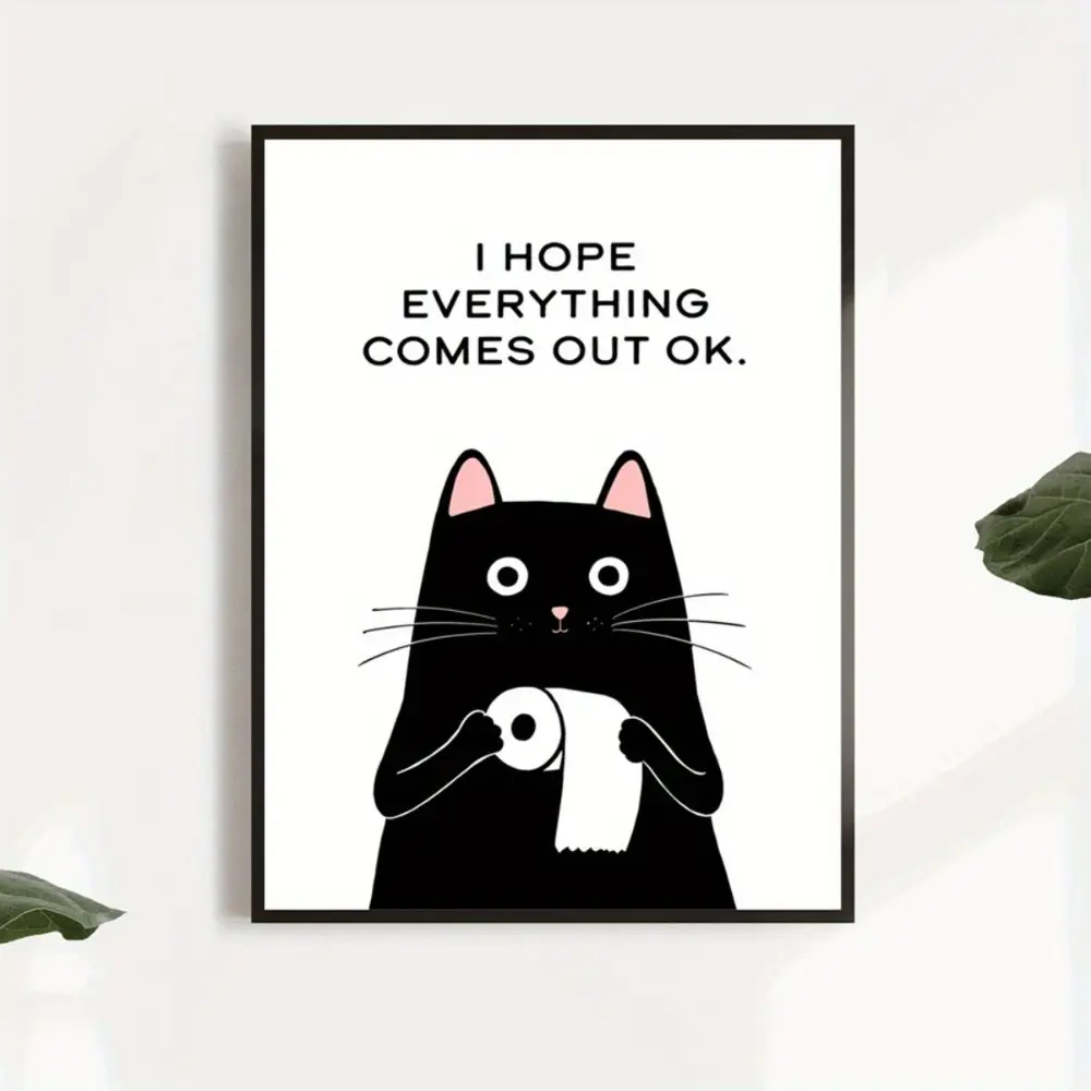 2D Flat Cat Illustration Canvas Wall Art Print — “May All Go Well” — Animal-Themed Poster, Perfect for Home Offices, Bathrooms, Living Rooms, and Bedrooms — Ink Wash Art Deco, Modern Decor, Halloween and Christmas Decor