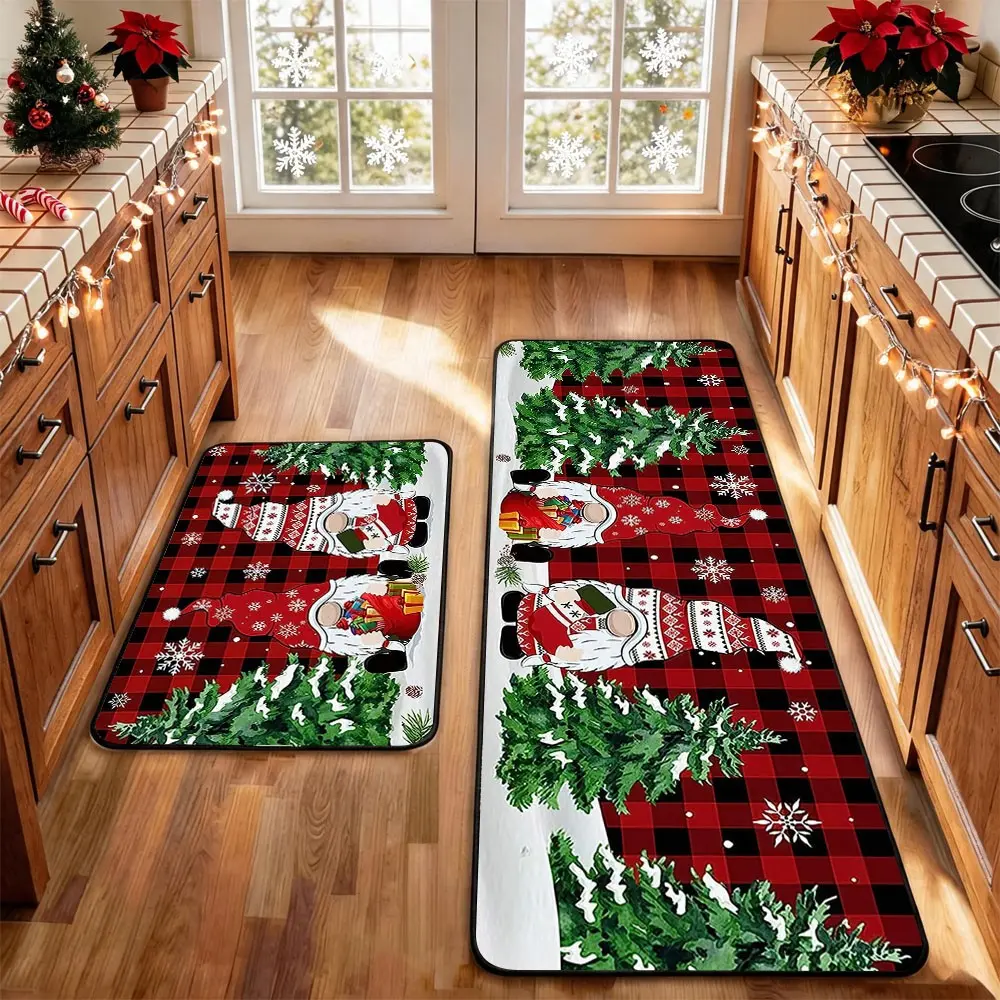 2-Piece Christmas Kitchen Mat Set,Snowman Wood Gingerbread Goblin Reindeer Christmas Tree Pattern Design, Washable Non-Slip Mats for Bathroom, Kitchen, Laundry Room, Hallway, Holiday Decor Gift，Christmas Spring Home Decor door mat
