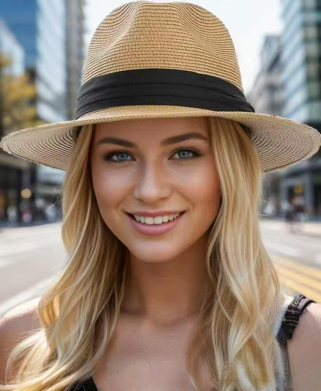 European American Style Straw Panama Hat Flat Brim Jazz Design Unisex Sun Protection Headwear For Summer Travel And Outdoor Activities