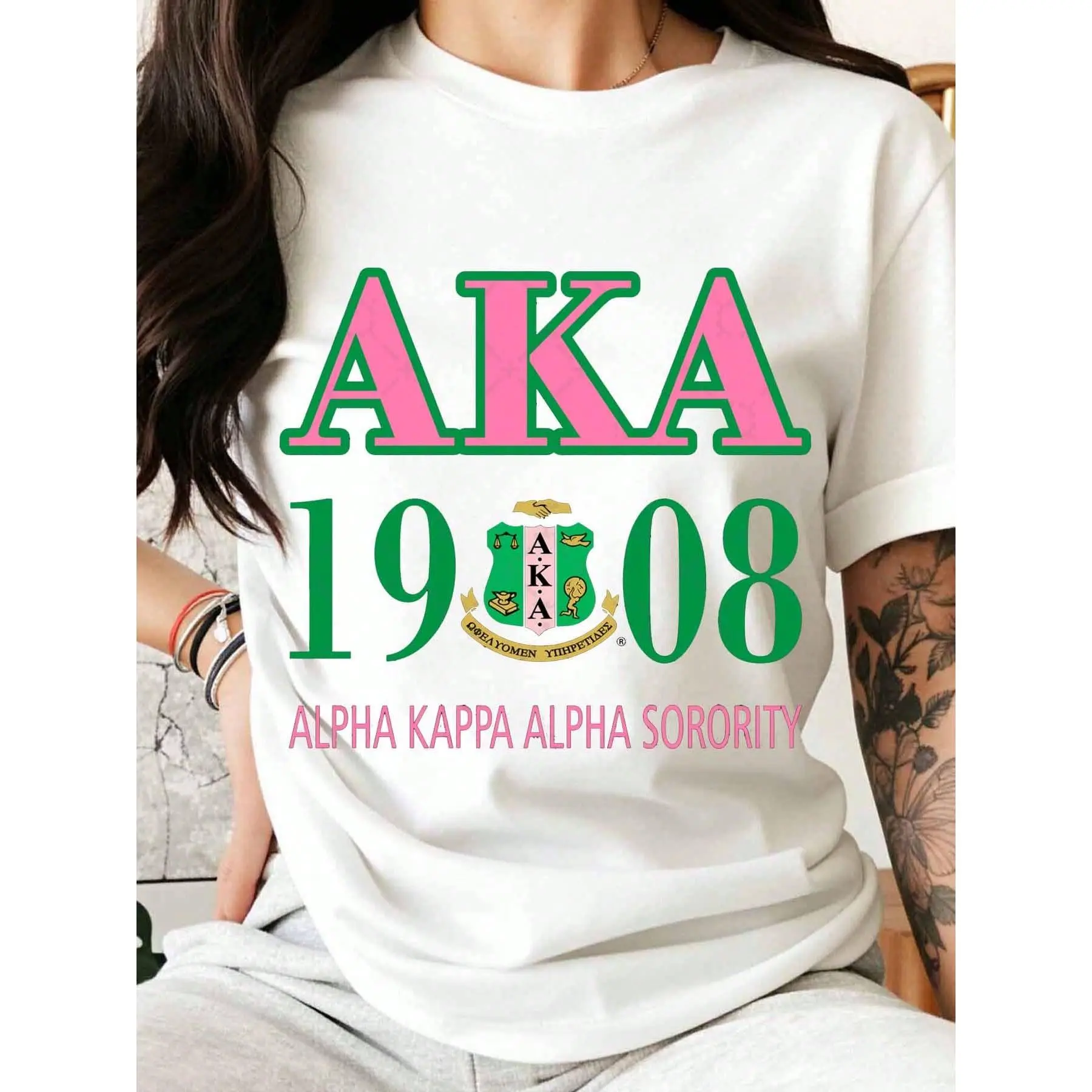 Women's Casual T-Shirt with AKA Sorority 1908 Retro Graphic - 100% Knitted Cotton Fabric, Short Sleeve Regular Fit, Gift for Members, Shortsleeve, Women's Clothes, Round Neck, Retro Print, All Over Print, Alpha Sorority, Do Not Dry Clean, Machine Wash, Do