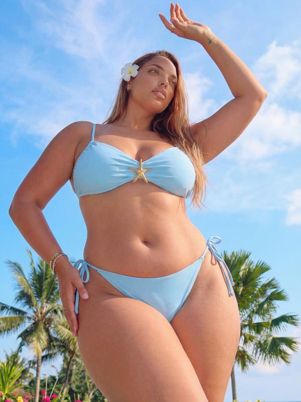 [Plus Size] Two-Piece Set Solid Color Bikini Set, Casual Fashion Chic Spaghetti Strap Bikini Top & Tie Side Swim Bottom Two-piece Swimsuit for Beach Holiday Vacation, Women's Swimwear for All Seasons