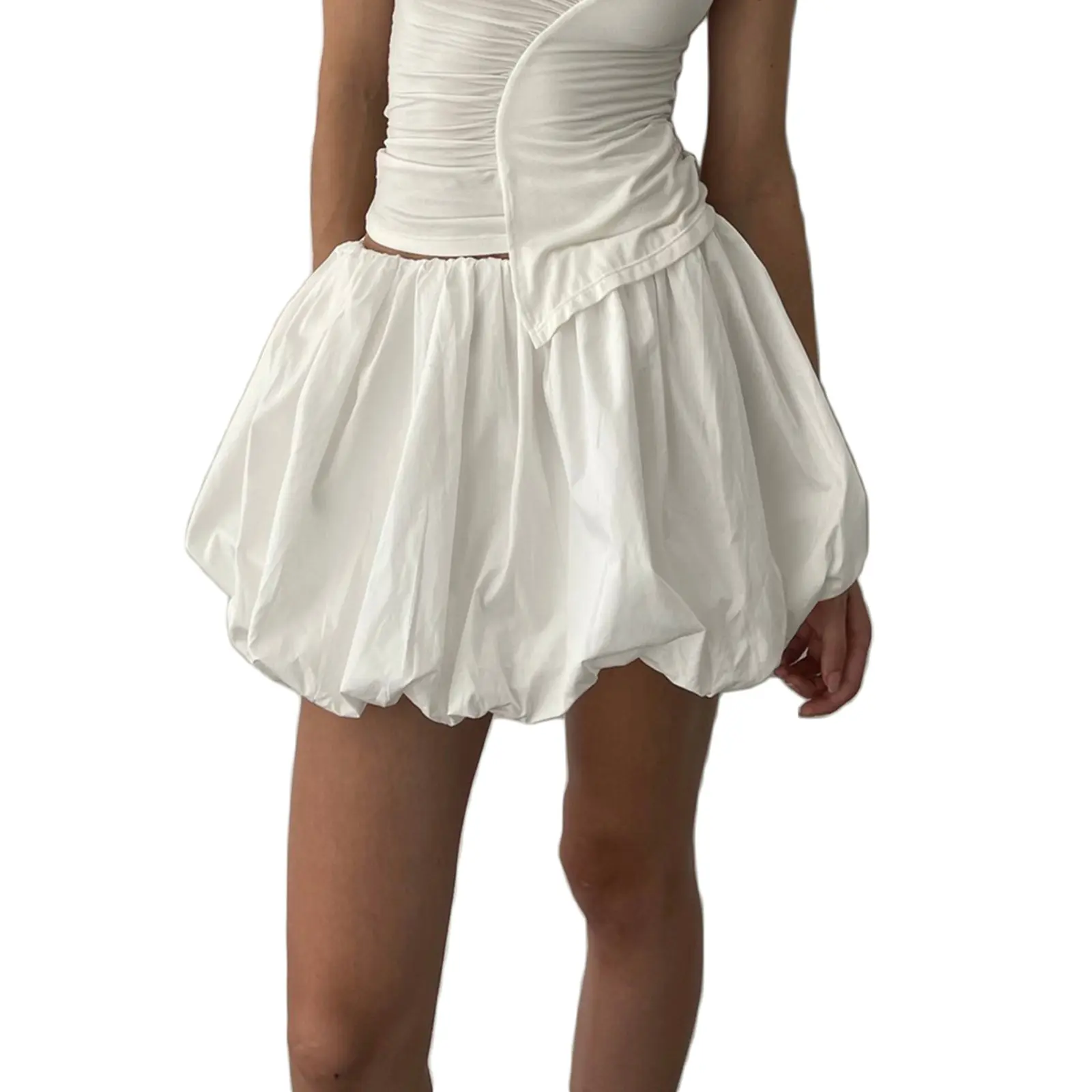 Women's Mini Lantern Skirt Casual Loose Fitting Elastic Waist Solid Color Short Puffball Skirt for Summer