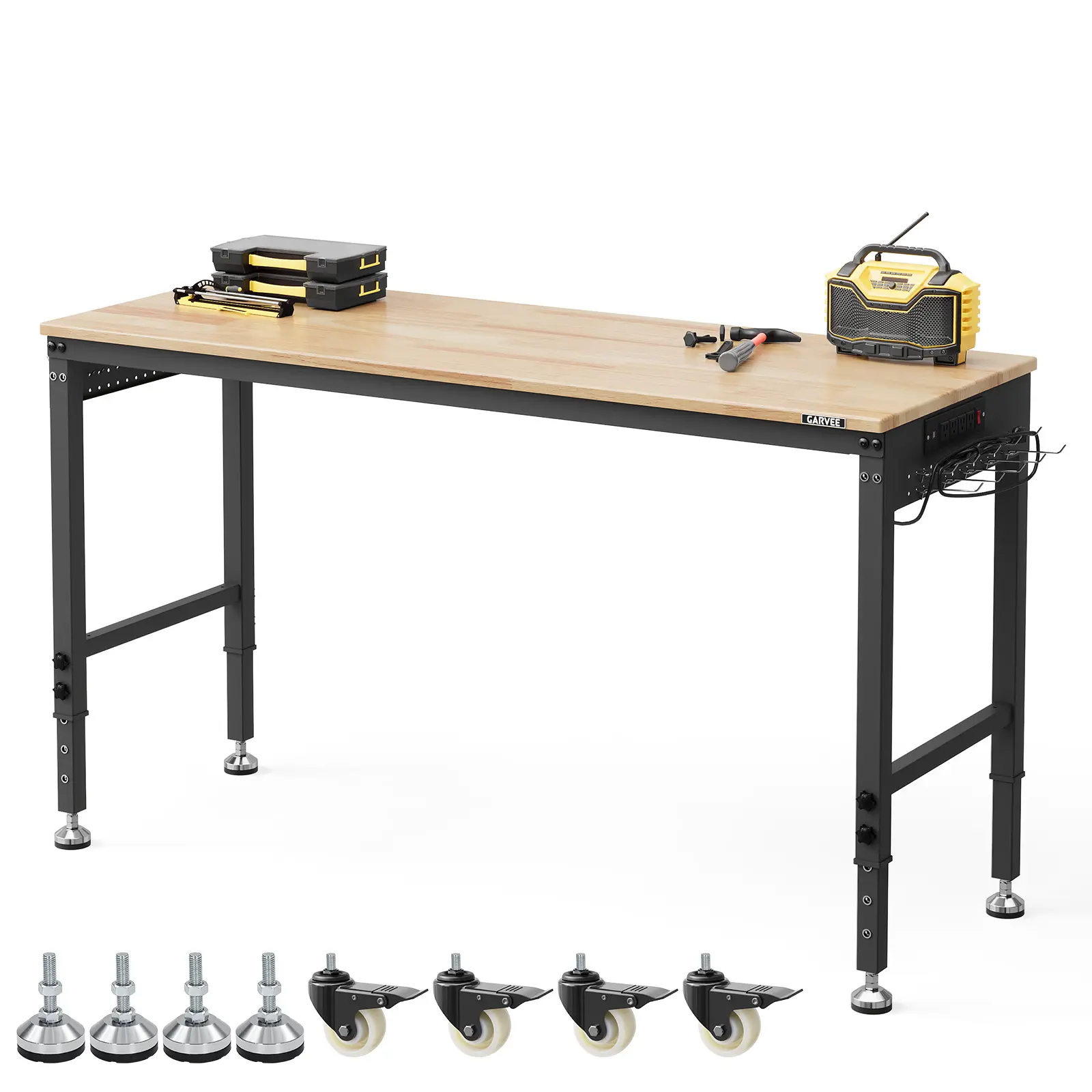 60 x 22 Inch Height Adjustable Workbench, 2000 LBS Weight Capacity, Sturdy Rubber Wood Surface, Comes with Power Outlets, Drawer, Pegboard and Rolling Casters for Workshop Use