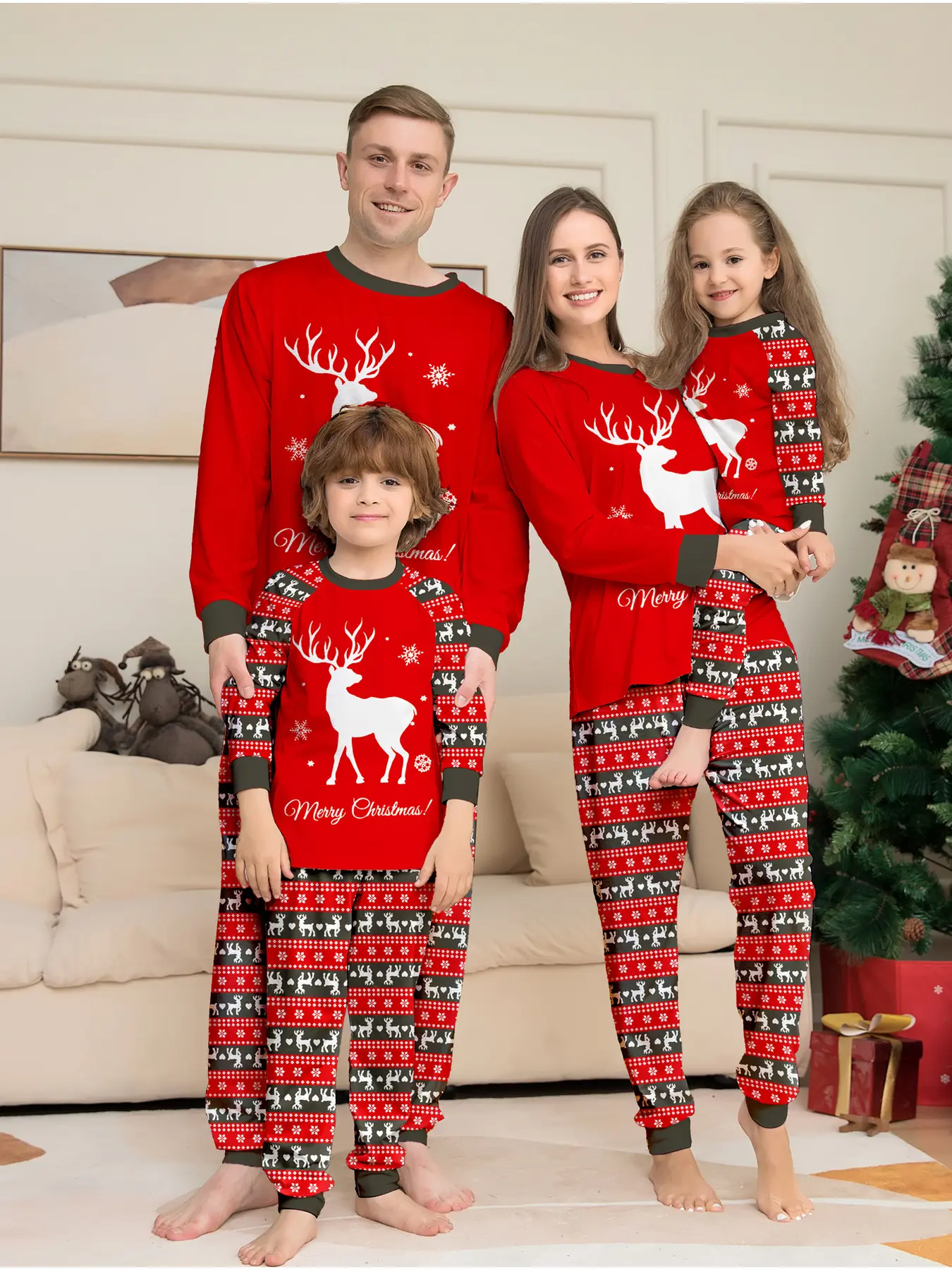 Family Christmas Pajama Set, Reindeer Snowflake Print, Long Sleeve Top & Pants, Soft Comfortable, Holiday Party