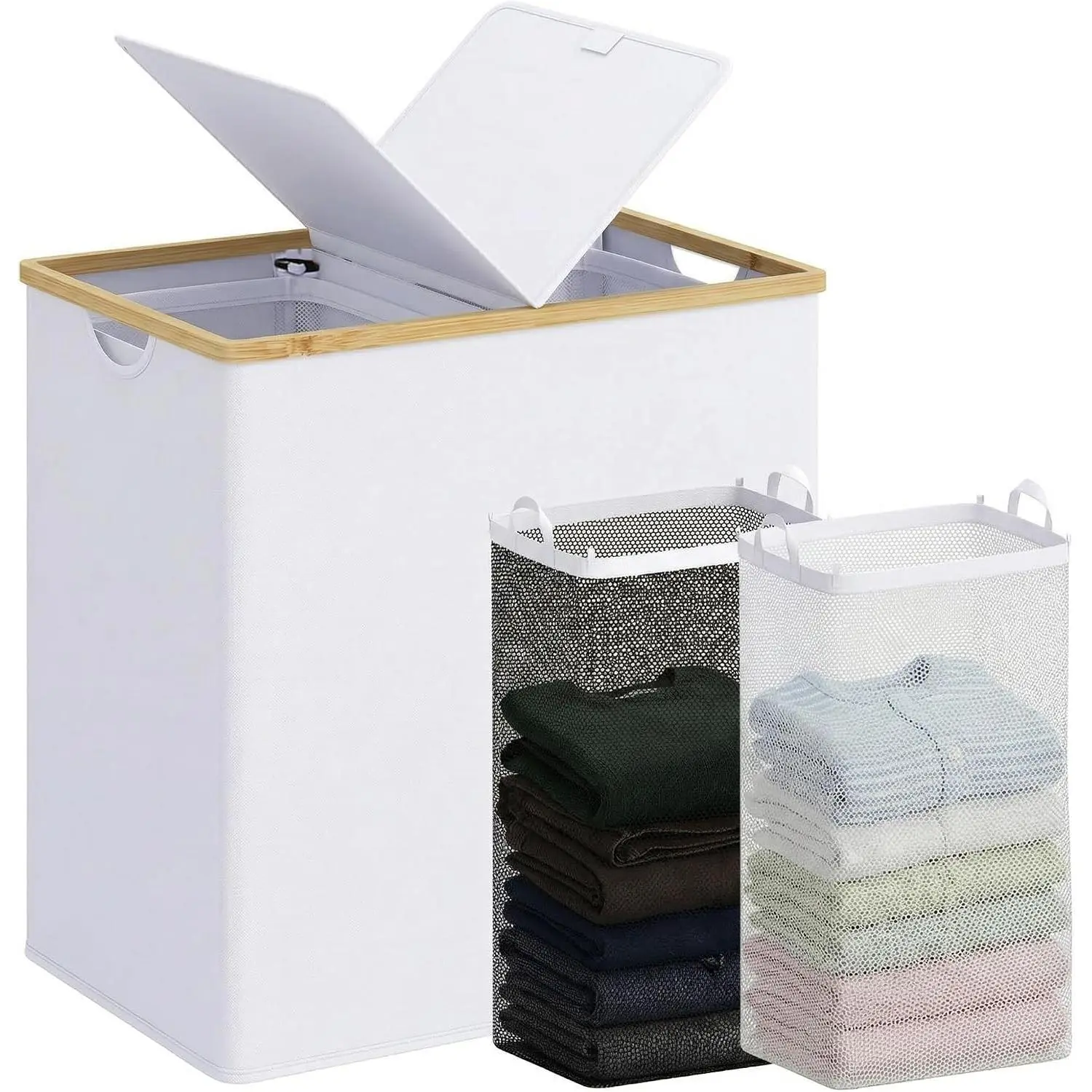Laundry Hamper with Lid, Double Laundry Basket with 2 Removable Bags, 2 Section Laundry Bin with  Handles for Bathroom, Bedroom & Laundry Room, 140L (36.9 Gallon) White