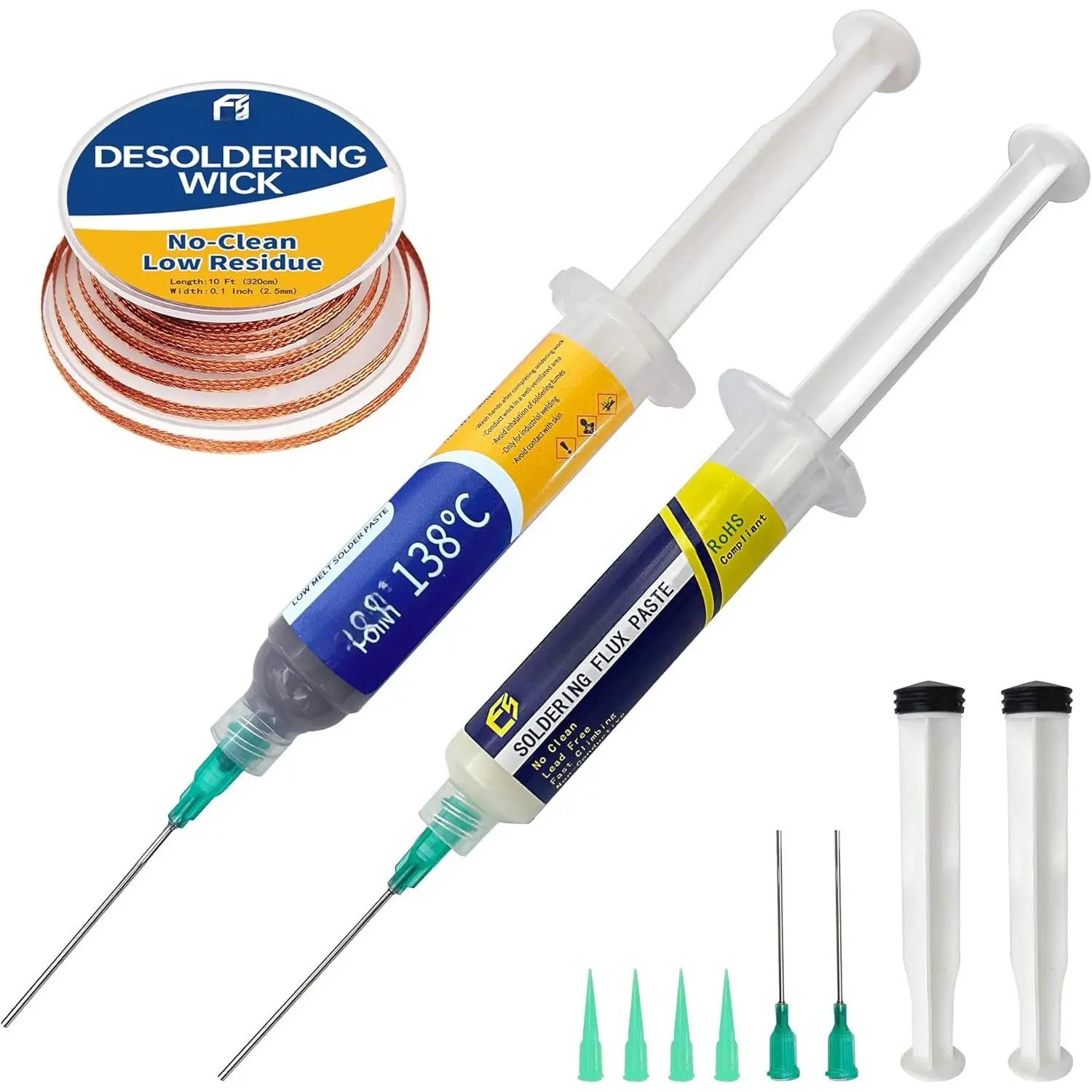Sn42/Bi58 Lead Free Solder Paste (30g) & No Clean Soldering Flux(10cc) & Soler Wick for  Soldering, SMD/SMT