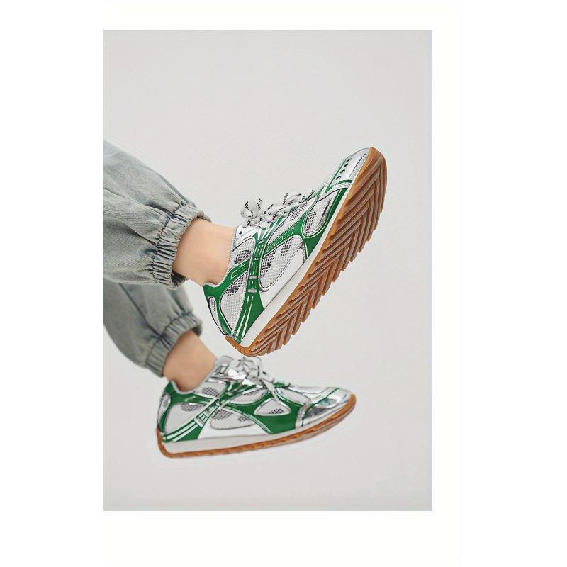 Metallic Mesh Paneled Retro Sneakers, Chunky Gum Sole, Multi Colorway Casual Streetwear Shoes for American Fashion Lovers