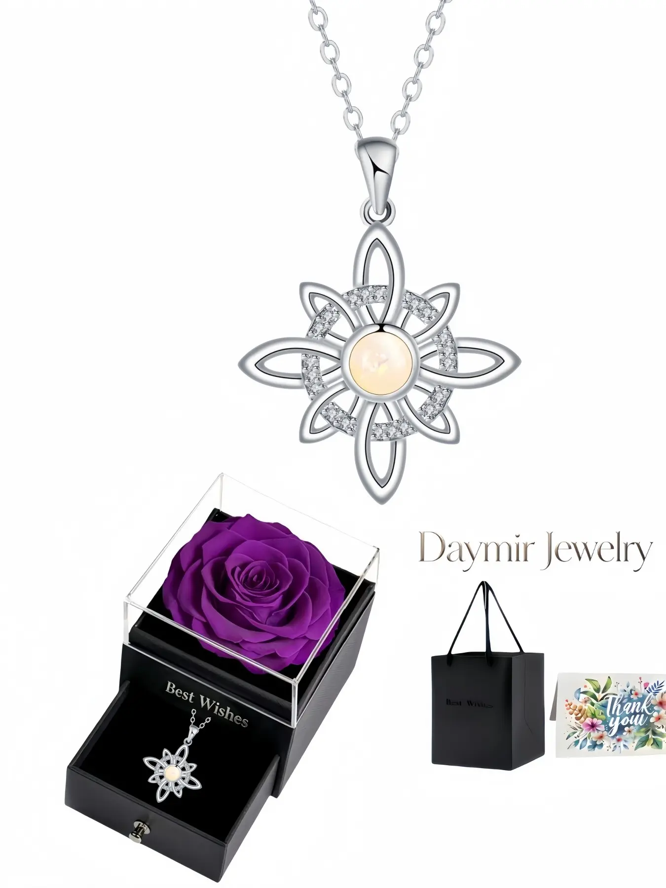 "Iridescent Bloom Radiance · Silver Mark" Minimalist Celtic opal rhinestone‑inlaid necklace. Paired with a purple preserved‑rose jewellery box, it makes lovely gifts for birthdays, Mother’s Day, Valentine’s Day and Christmas.