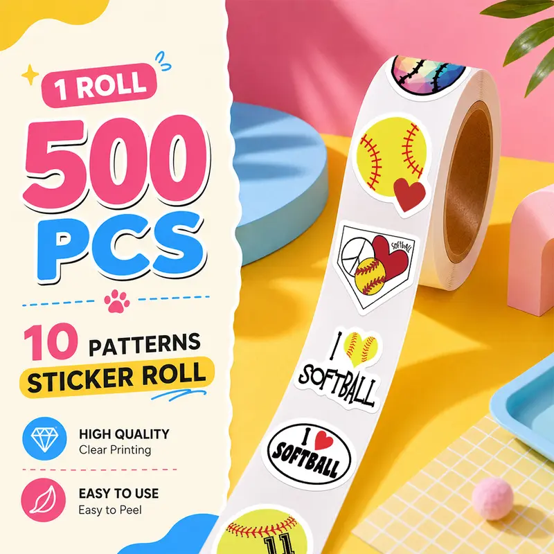 500PCS/Roll Softball Sticker Roll, 10 Designs Aesthetic Decorative Sticker Tape, Self Adhesive Journaling Stickers for Notebook, Laptop, Phone Case and Daily Decoration