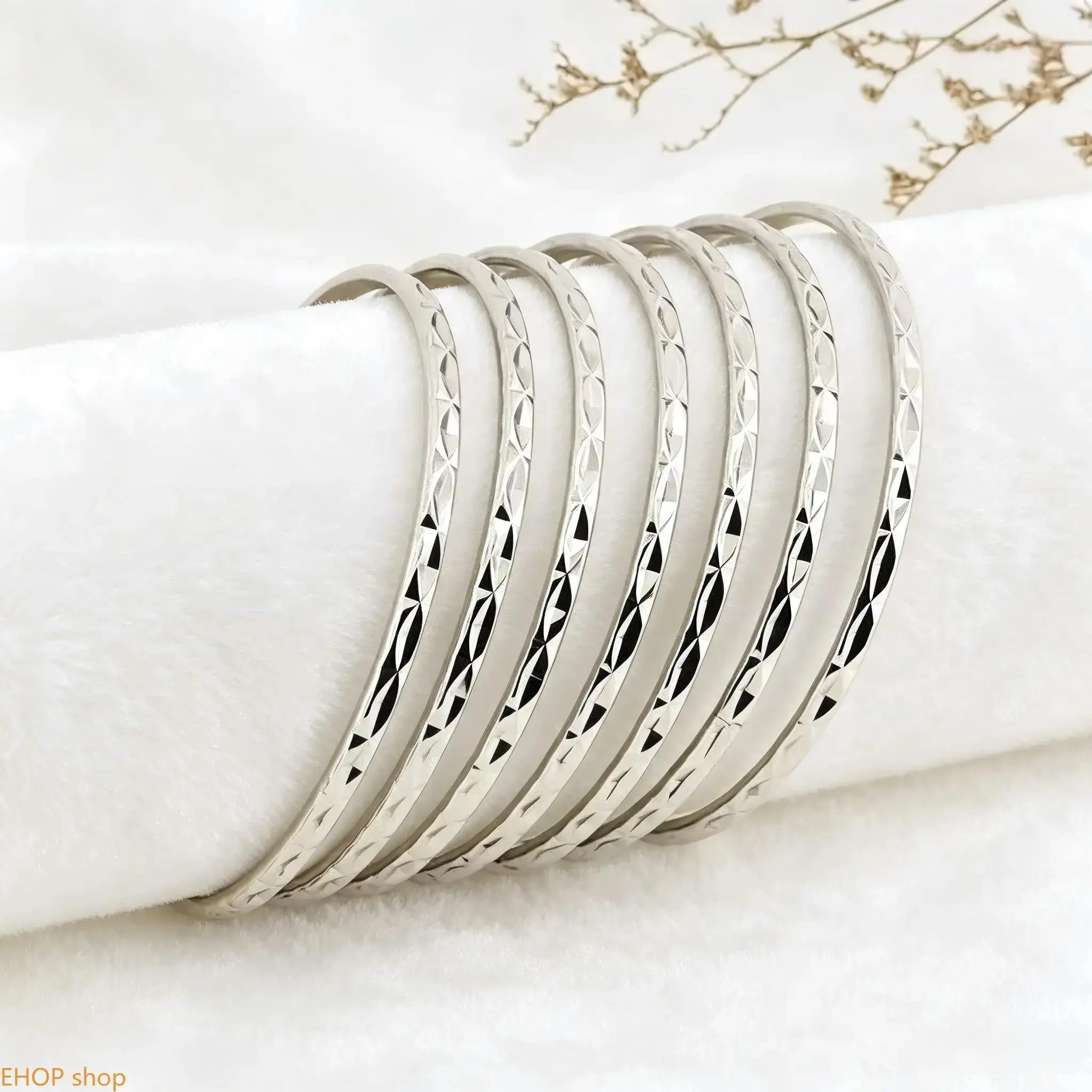 Women's 7Pcs Shiny Finish Silver-Plated Faceted Bangles - Copper-Based Cute Plain Stackable Bracelet Set, Ideal Birthday/Anniversary Gift