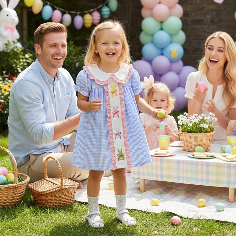 Emmababy Kids Baby Girls Dress Easter Clothes Rabbit Embroidered Plaid Short Sleeve Casual Dress Toddler Princess Dress 1-6 Years