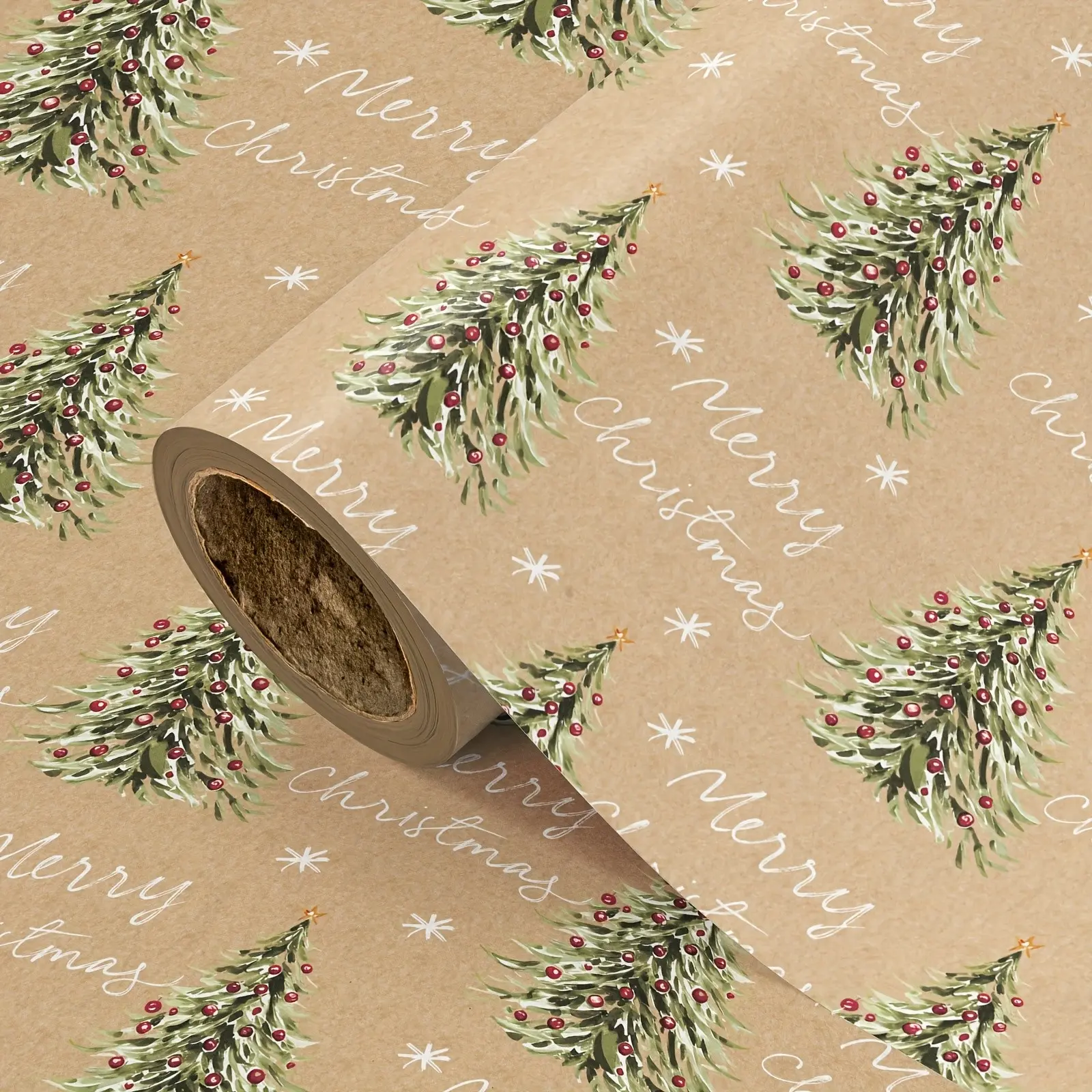 1 Roll Kraft Christmas Tree Gift Wrapping Paper, Watercolor Christmas Tree & "Merry Christmas" Print Gift Wrap Roll for Christmas Holiday, Party, DIY Craft Decor, 43.2cm x 500cm