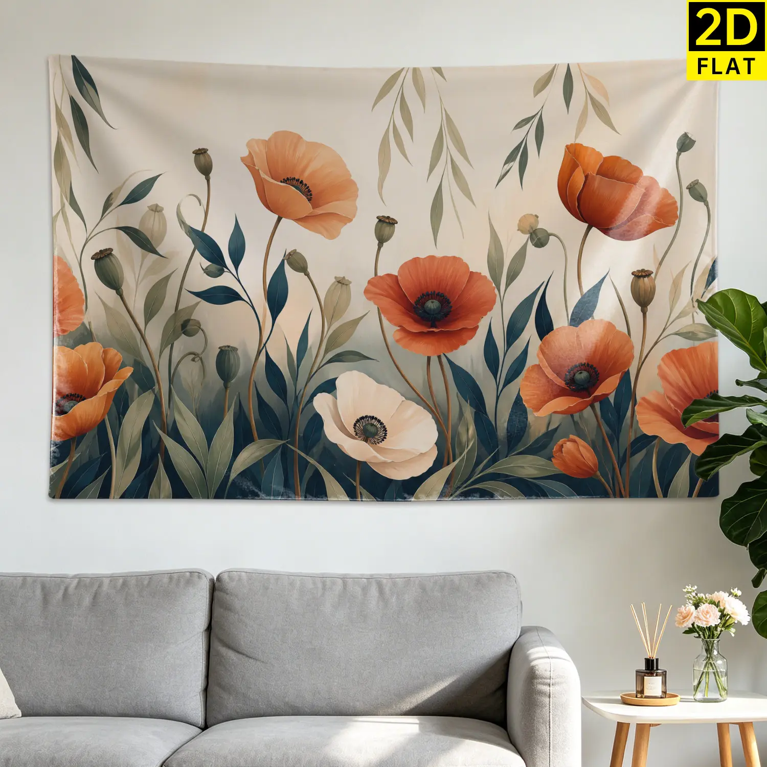 Vintage Orange Poppy Flower Botanical Art Wall tapestry,Large size Printed Horizontal Tapestry blanket,Polyester Fabric Wall Hanging for living room,bedroom,No Installation Required,Indoor,Outdoor,Gift for Family and Friends