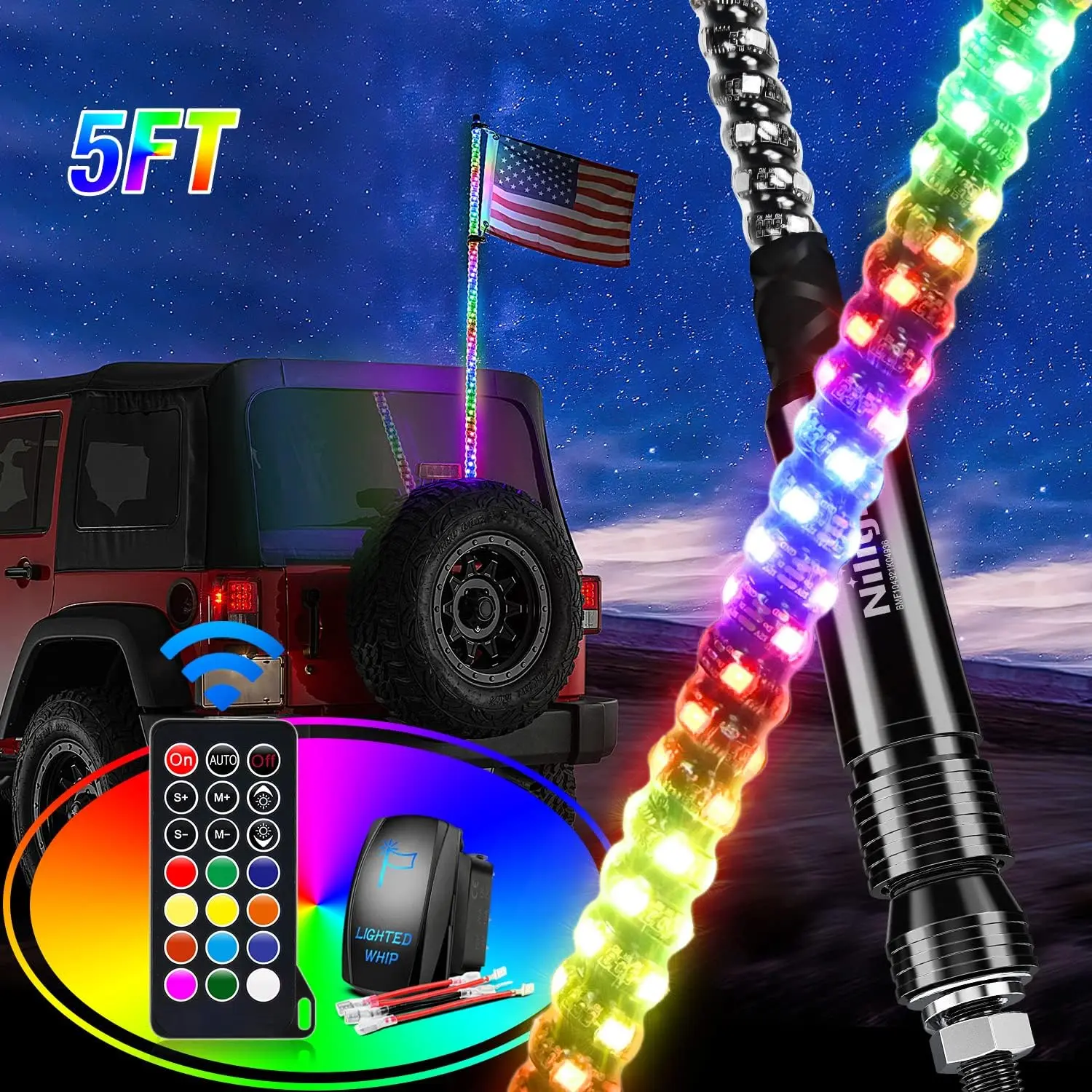 Nilight 2PCS 5FT Spiral RGB LED Whips, Chasing/Dancing RF Remote-Controlled Waterproof Lights, Vibrant Decorative Antenna Whips for Can-Am ATV UTV Automotive Lighting, Rgb Led Lights, Vibrant Rgb Lighting