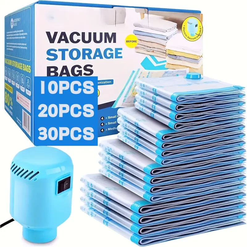 10/20/30pcs Vacuum Storage Bags with Electric Pump (2 Extra Large/4 Large/4 Medium), Vacuum Seal Bags for Clothing, Duvets, Blankets, Bedding, Halloween & Christmas Gift Storage, Space Saving