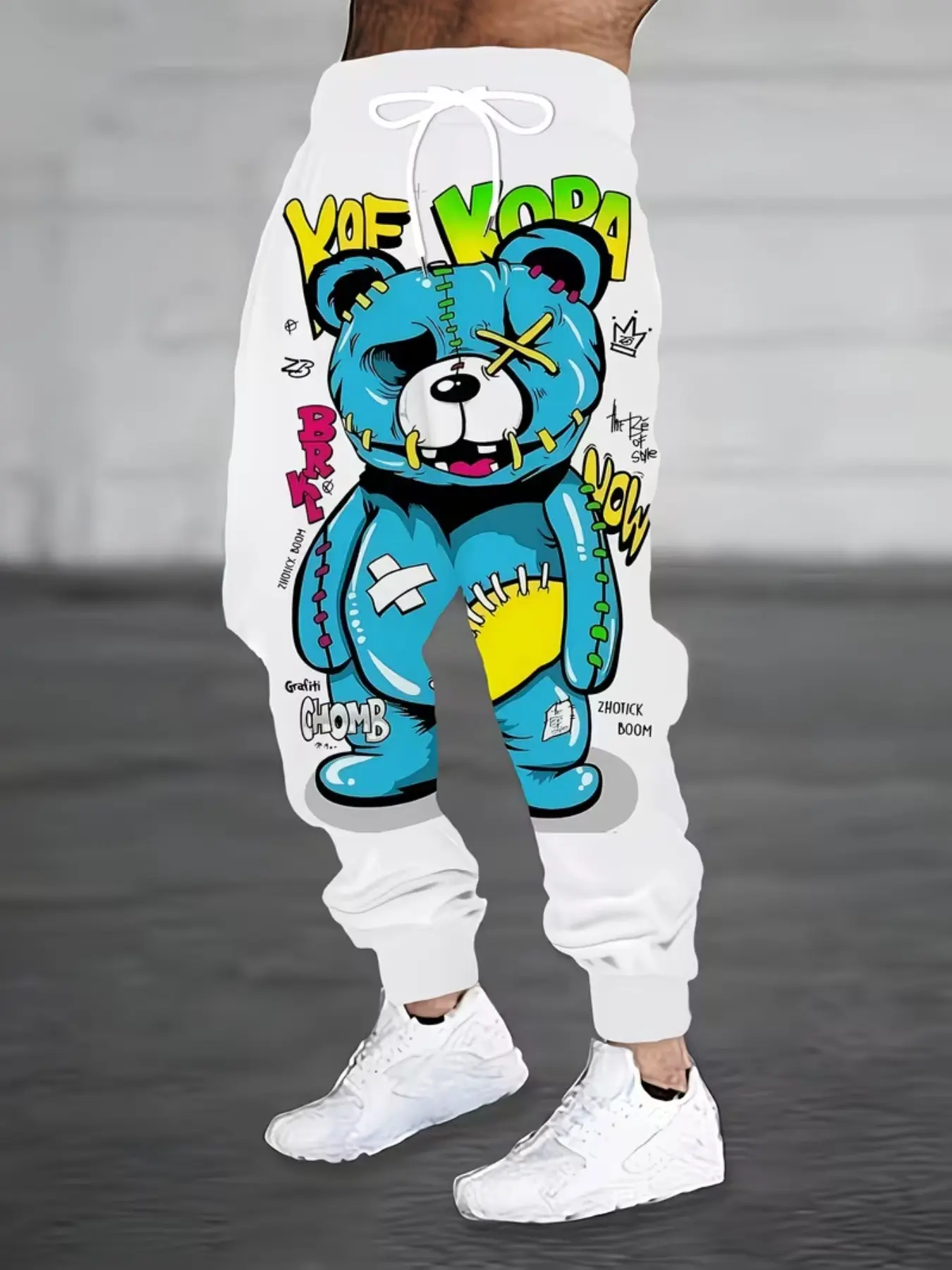 Men's 3D Bear Face Print Sweatpants, Y2K Street Style Loose Fit Drawstring Pants with Pockets, Casual Fall Winter Outdoor Sports Wear