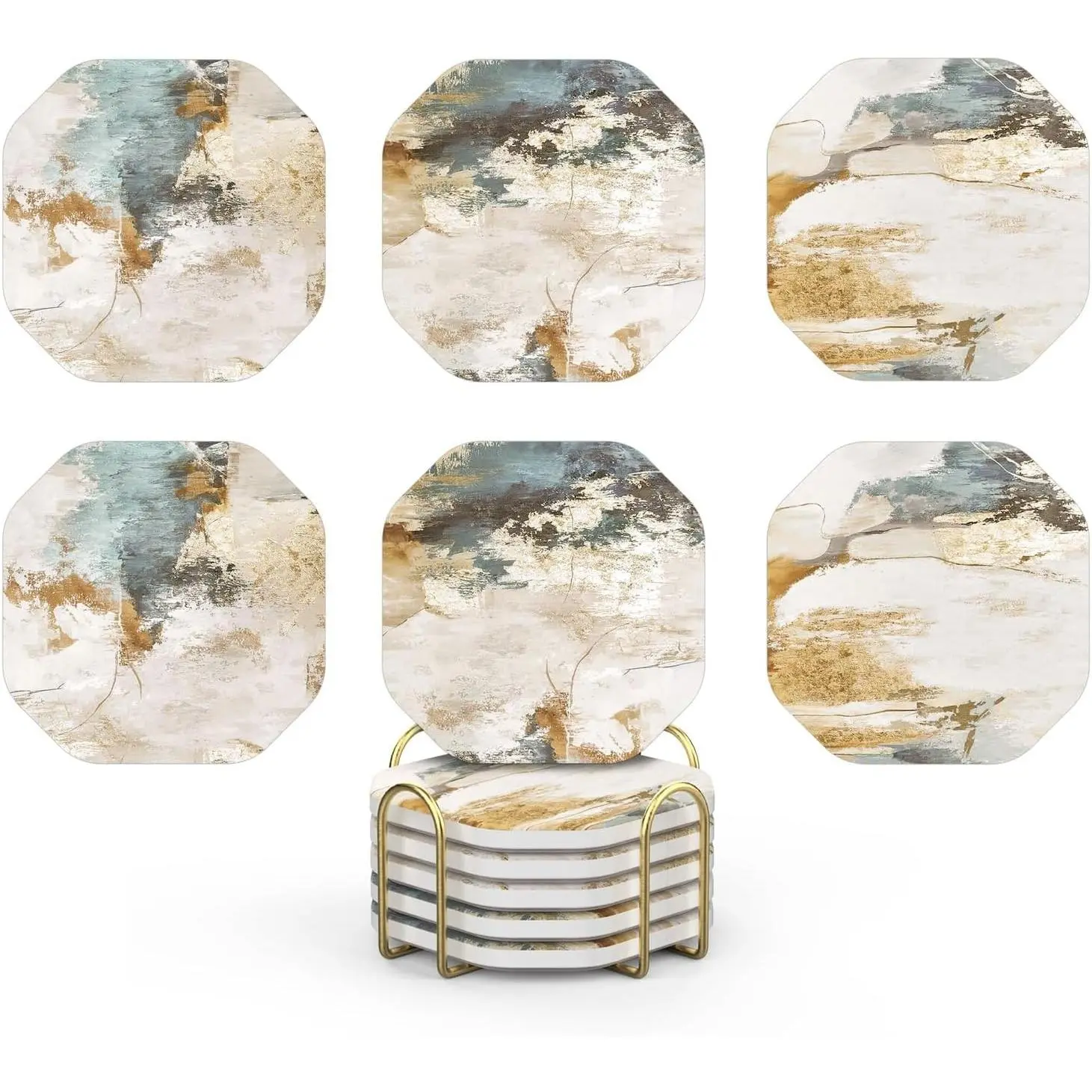 Ceramic Stone Coasters for Drinks Absorbent with Holder for Wooden Coffee Table Decor, Stoneware Cup Coasters for Iced Cold or Hot Drinks, Rustic Retro Boho Style, Gold, 4" Set of 6