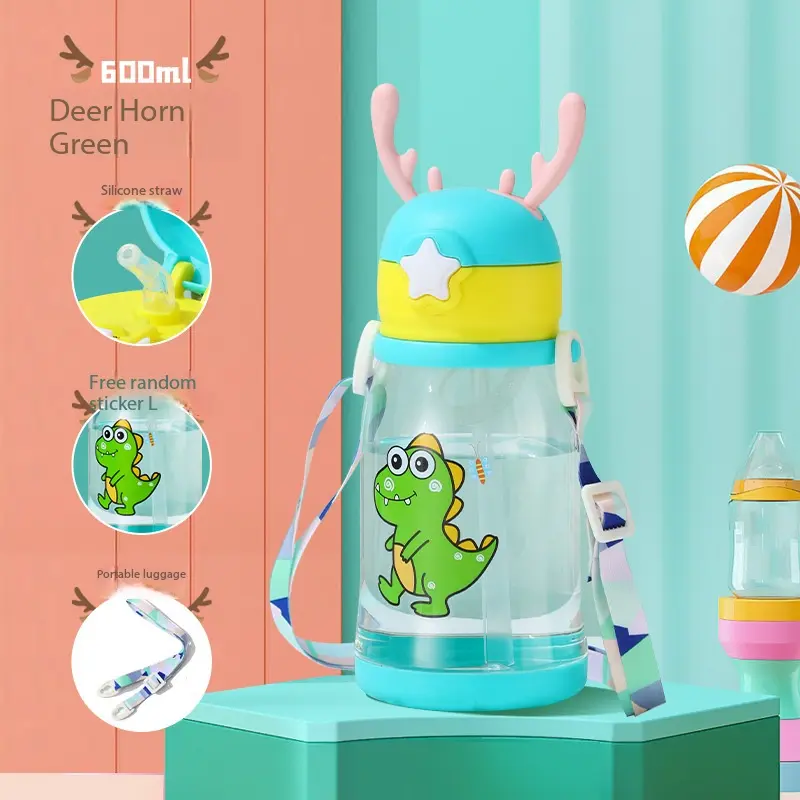 Multicolor Star Lid Toddler Sippy Cups Water Bottle With Carry Strap Cartoon Dinosaur Kitten Print Transparent Kids Straw Sippy Cup For Daily Kindergarten Use