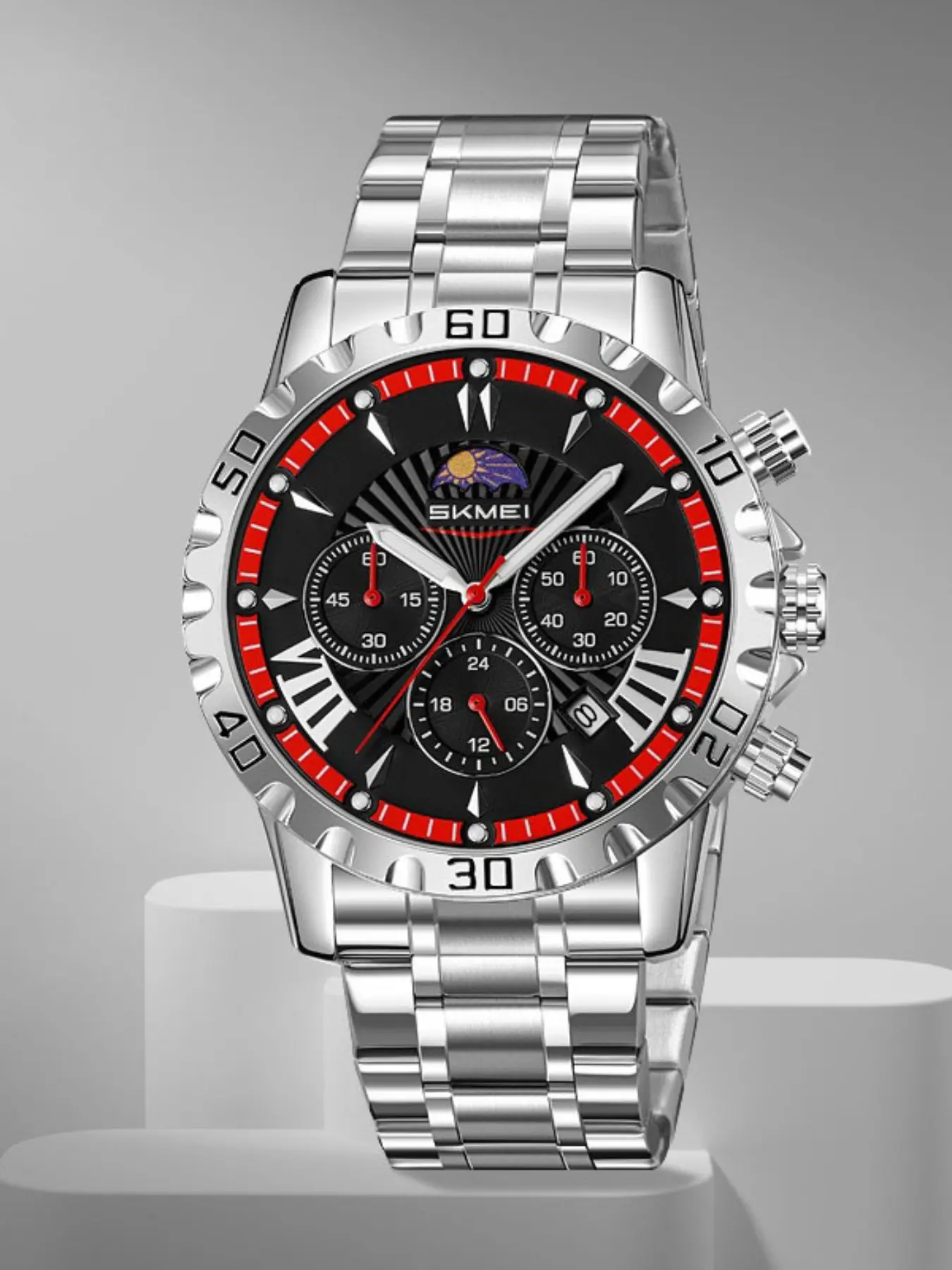 Men's Multifunction Quartz Analog Wristwatch with Chronograph, Date, Moon Phase, Roman Numerals, Water-Resistant, Casual Style, All Seasons, Men Fashion Watch