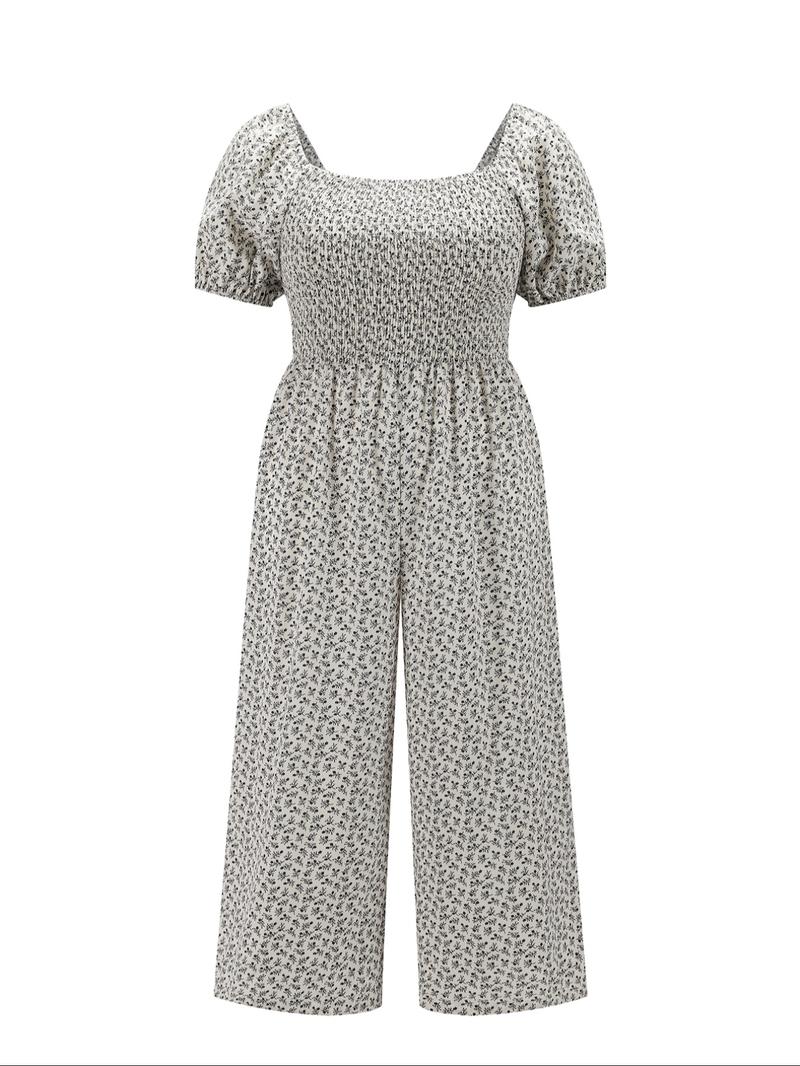【Plus Size】 All Over Print Shirred Wide Leg Jumpsuit, Casual Short Sleeve Jumpsuit for Summer, Women's Plus Clothing for Daily Wear