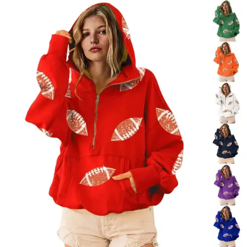 Ommig Women's Oversized Game Day Hoodie - Lady's Casual Longsleeves Top, Half-Zip Pullover with Sequins Football Print, Kangaroo Pocket, Women's Clothes Sweatshirt,summerwins