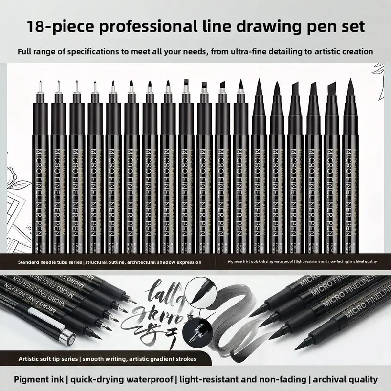 16/18 Pack Technical Drawing Pen Set Waterproof Quick Dry Professional Ink Pens for Engineers Architects Students Sketching Designing Drafting Manga Illustration Artist Supplies