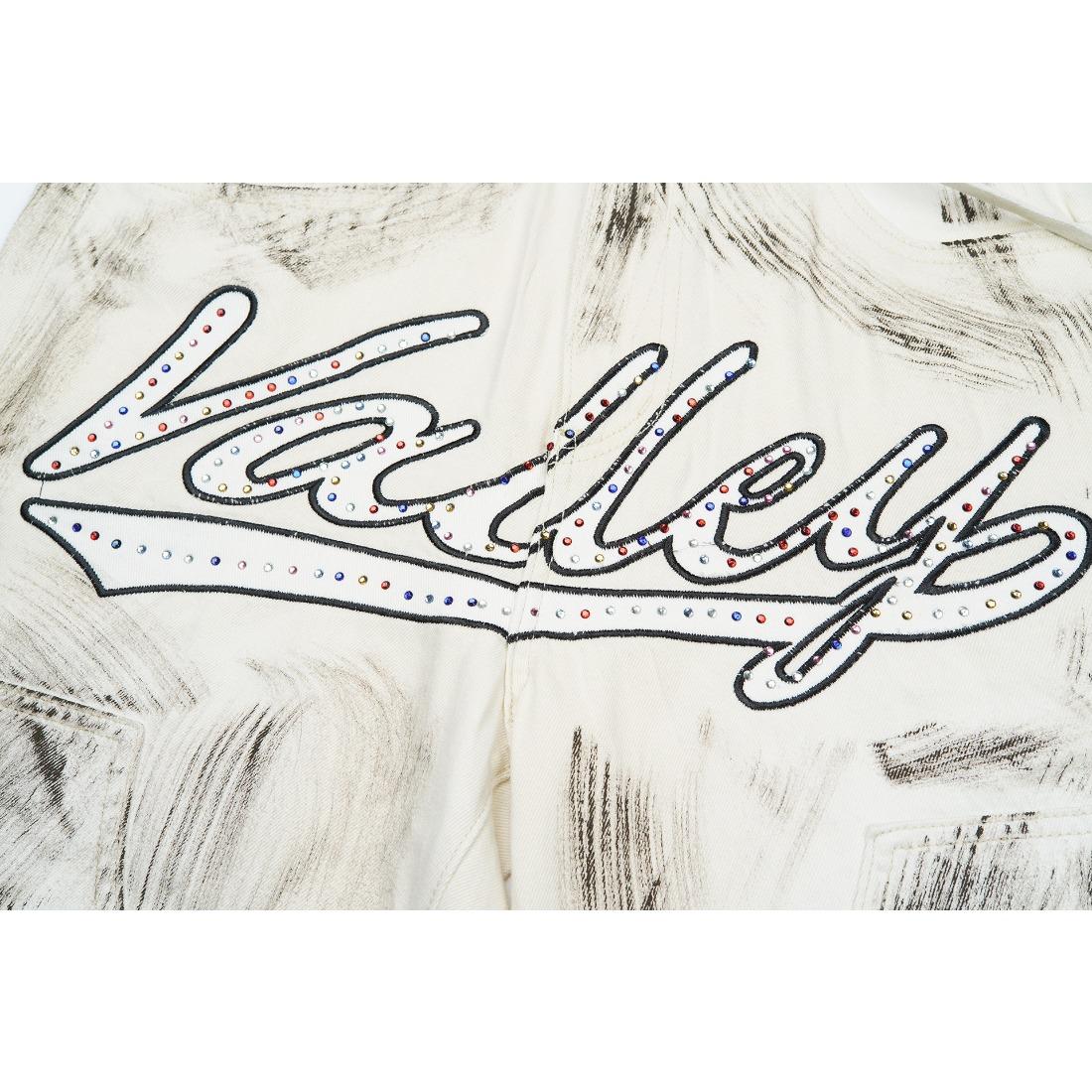 Vale Sports Valley Dreams Vintage Washed Distressed Print Full Rhinestone Bling Diamond Harajuku Letter Embroidery Baggy Denim Shorts European American Hip Hop Y2K Streetwear Loose Knee Length Casual Sparkly Trendy Jeans Shorts For Men Unisex