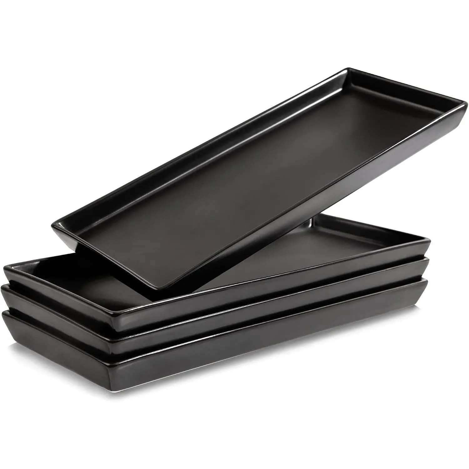 Matte Black Ceramic Serving Platters (14 x 6 Inch Rectangle Plates) Serving Dishes for Entertaining, , Appetizers, Desserts, Cheese Board, Charcuterie, Sushi - Set of 4 Party Trays