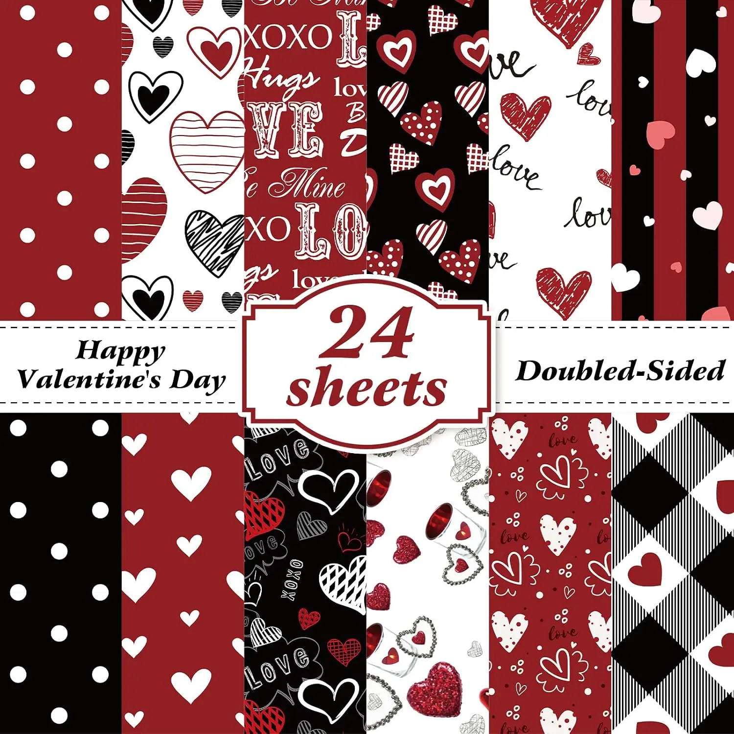 Valentines  Paper Double Sided Valentine Decorative Scrapbook Craft Paper,Love Heart Red Black Cardstock for Valentines Craft Supplies Card Making Scrapbook(12 Design,24 Sheet,11 x 11 Inch)