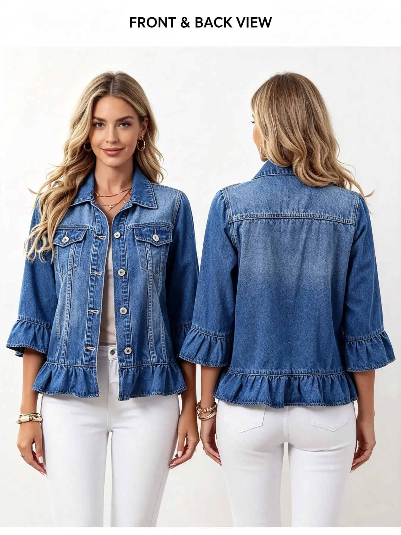 Women's Ruffle Hem Denim Jacket, Casual Button Front Flare Sleeve Short Denim Coat, Stylish and Comfortable Outerwear for Everyday Wear