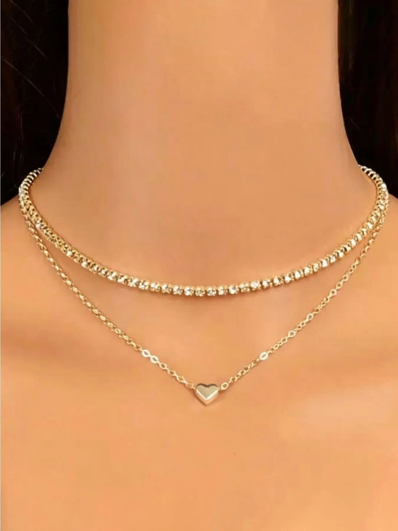 Layered Heart Necklace for Women Dainty Tennis Choker Rhinestone Chain Minimalist Heart Pendant Necklace Aesthetic Daily Wear Jewelry Gift for Girls