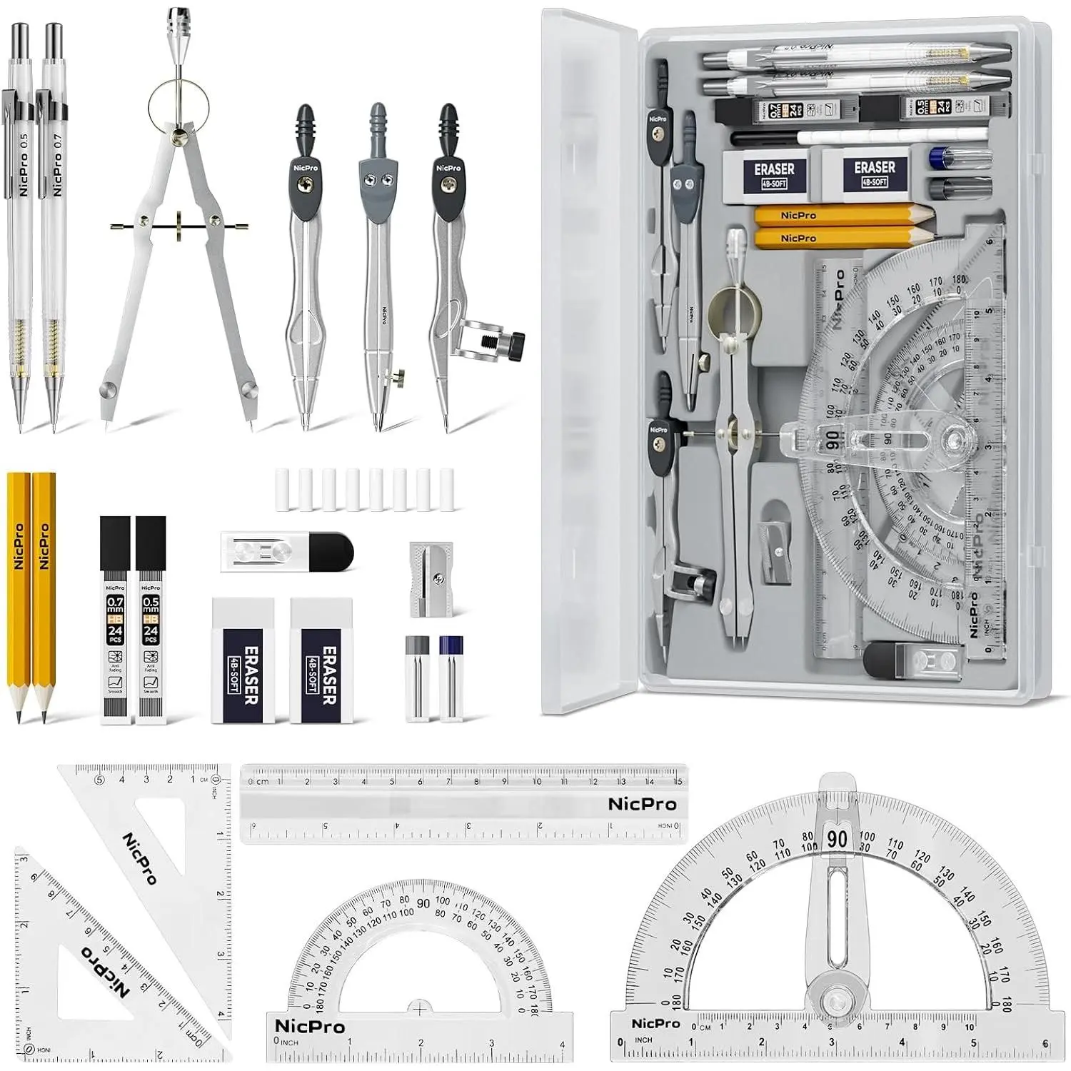 Nicpro 22 PCS Compass Geometry Tools with Case, Drafting Tool Geometry Set