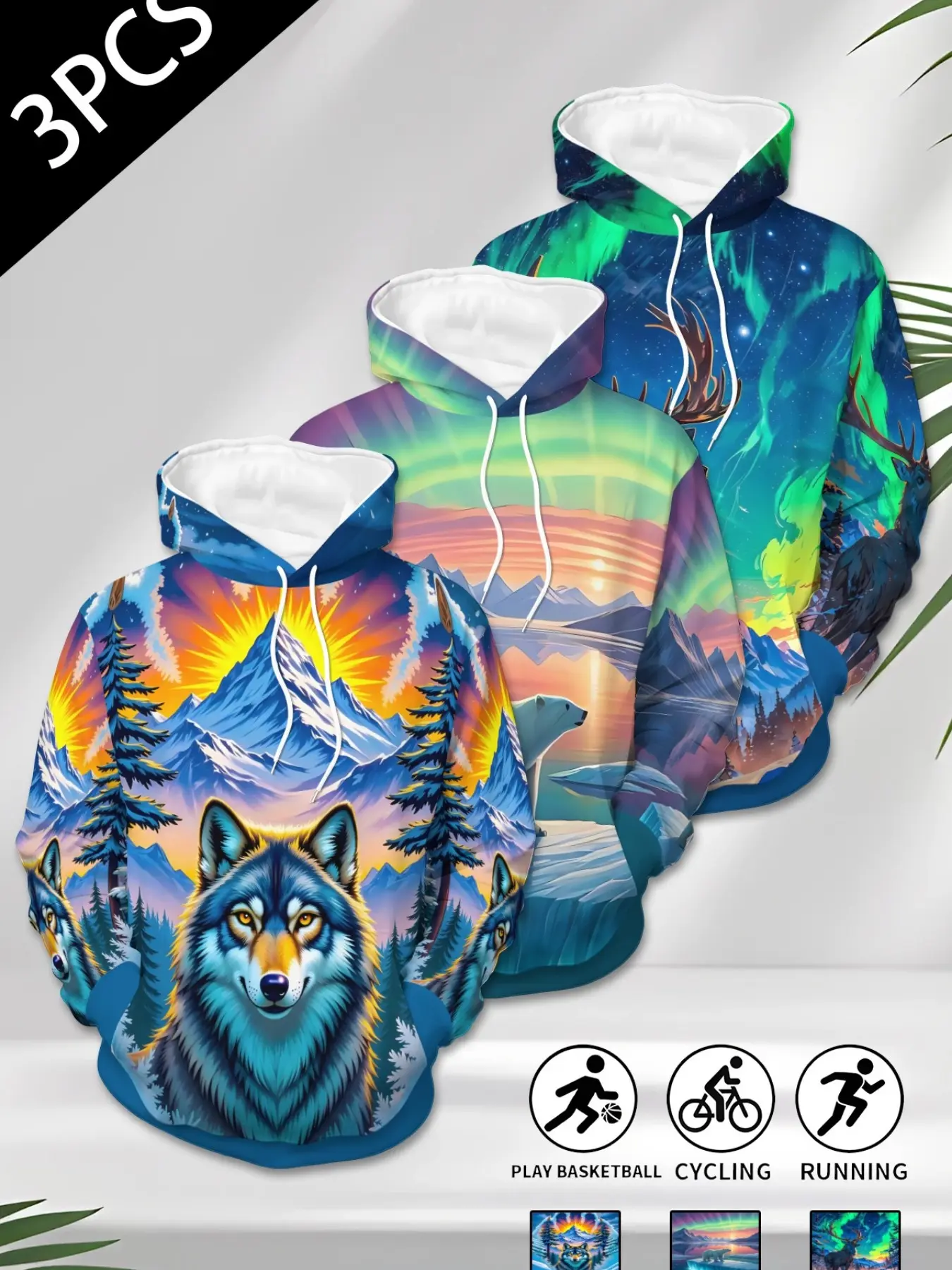 3 Piece Men's Loose Hooded Sweatshirt Set, Aurora Wildlife Print, Long Sleeve Pullover, Casual Streetwear, All Seasons