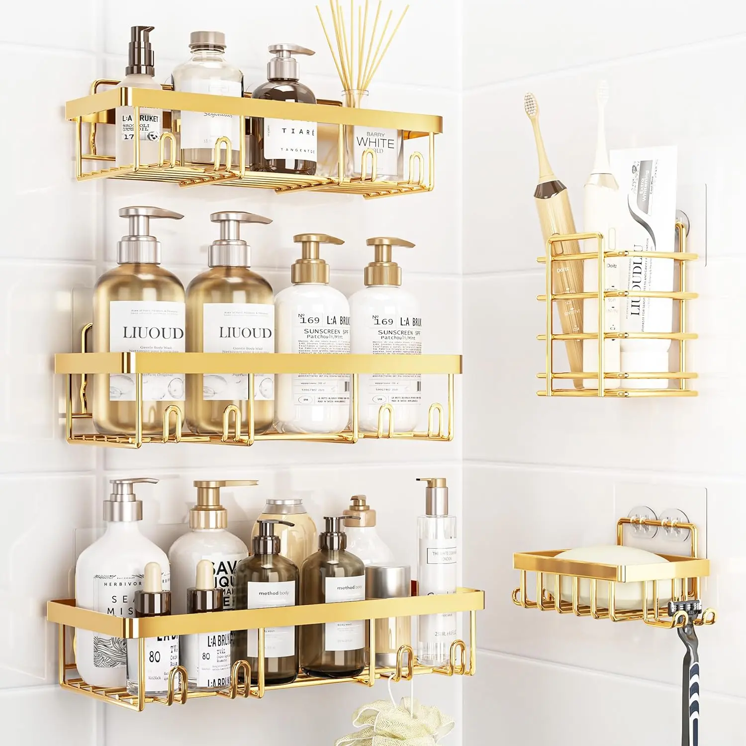 5-Pack Gold Rustproof Stainless Steel Self-Adhesive Shower Caddy Organizer Shelves, Water-Proof Bathroom Wall Storage Baskets for Shampoo, Soap, Toothbrush, Round Bathroom Accessory Set