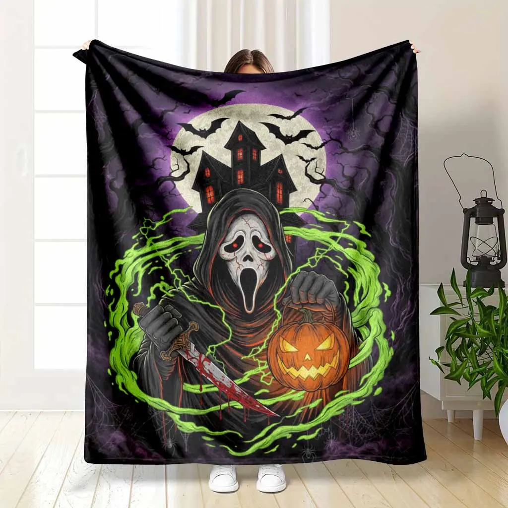 Gothic Halloween Flannel Fabric Blanket - Spooky Theme, Ghost Face & Pumpkin Pattern, Lightweight Weave, Super Soft Cozy Throw, Multi-Size, Perfect for Couch Bed Decor & Halloween Night Party Use