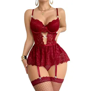 Goddess wardrobe Sexy Stocking Underwire Push Up Rhinestones Heart Floral Lace Mesh Sheer Garter Bodysuit Skirt Lingerie Set 3 Piece