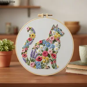 Flower & Animal Embroidery Kit for Beginners – Handmade DIY Stitch Practice Craft Set with Pre-Printed Fabric, Floss & Hoop