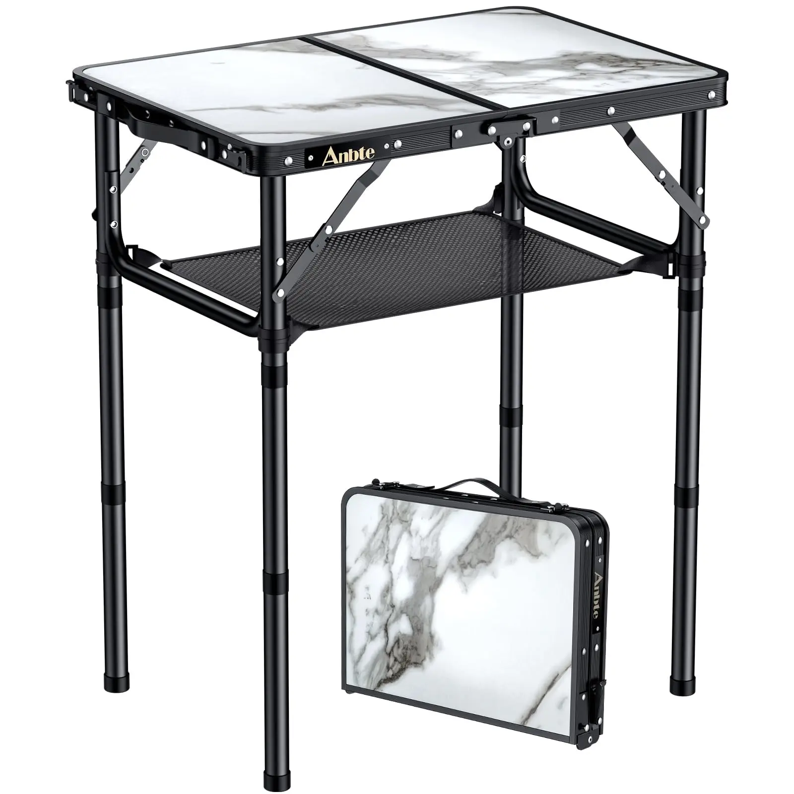 Anbte 2ft Folding Camping Table, 3 Adjustable Height Aluminum Small Table with Storage Net, Portable for Outdoor Indoor Camping BBQ, Folding Tables, Lightweight