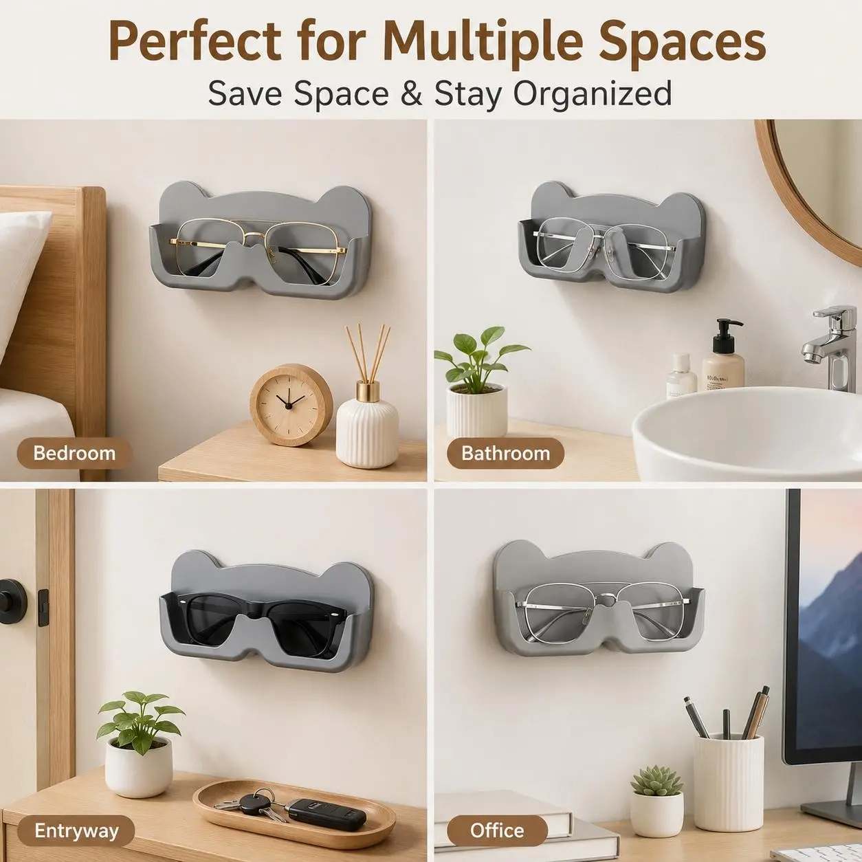 2-Pack Wall-Mounted Eyeglass Holder, Self-Adhesive Glasses Organizer, No Drilling Sunglasses Case, Space-Saving for Bedroom Bathroom Office