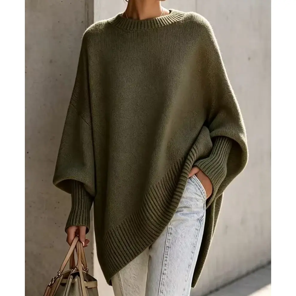Women’s Olive Green Oversized Knit Sweater, Crew Neck Drop Shoulder Long Sleeve Pullover with Ribbed Cuffs & Longline Hem, Soft Relaxed Loose Fit Cozy Sweater for Fall Winter, Travel, Work & Everyday Wear