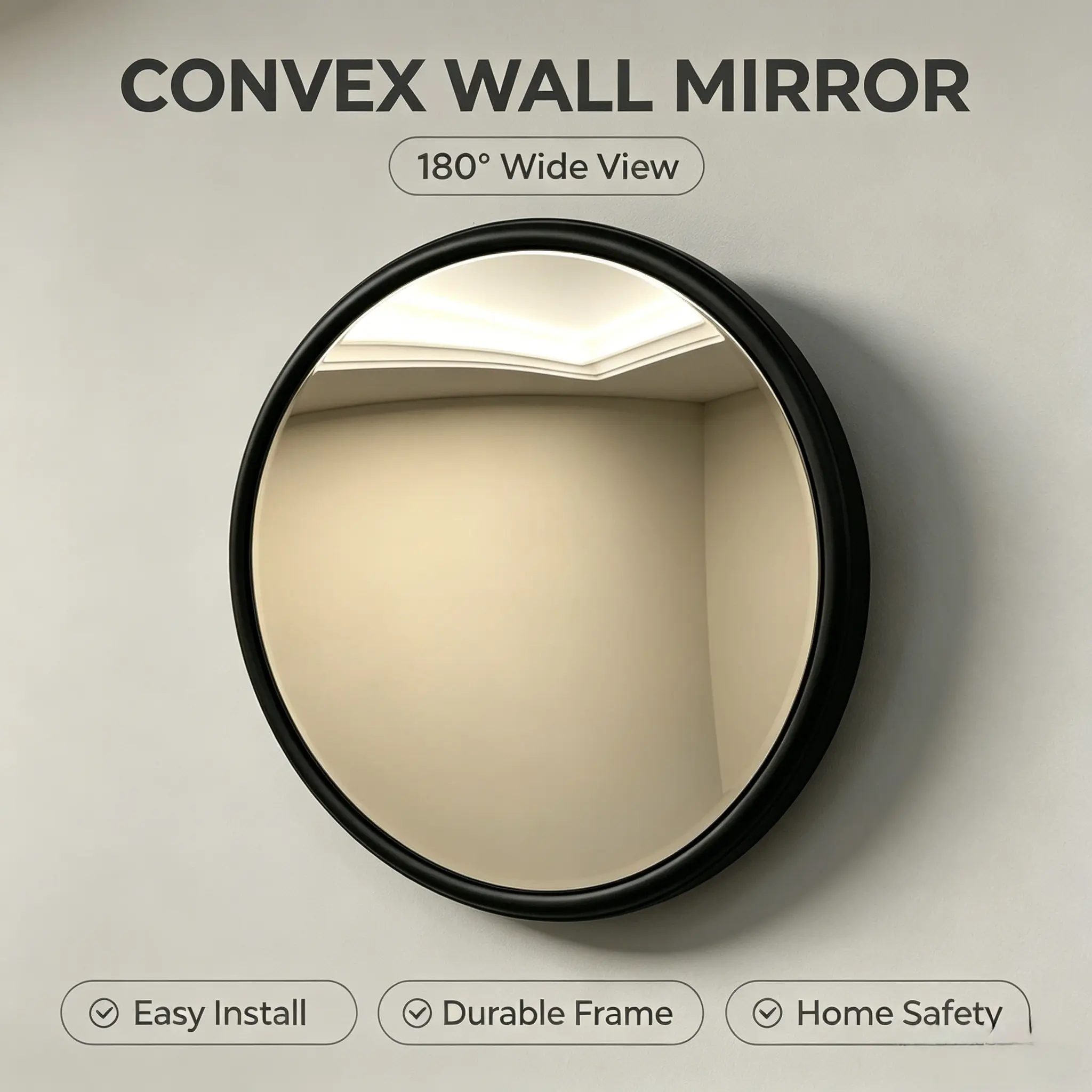 Round Black Frame Convex Wall Mirror, 160° Wide Angle Panoramic Blind Spot Safety Mirror, Minimalist Curved Spherical Security Mirror, Easy Wall Mount Decor Mirror for Hallway Entryway Stairwell Garage Driveway Apartment Store Warehouse, Shatterproof HD C