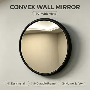 Round Black Frame Convex Wall Mirror, 160° Wide Angle Panoramic Blind Spot Safety Mirror, Minimalist Curved Spherical Security Mirror, Easy Wall Mount Decor Mirror for Hallway Entryway Stairwell Garage Driveway Apartment Store Warehouse, Shatterproof HD C