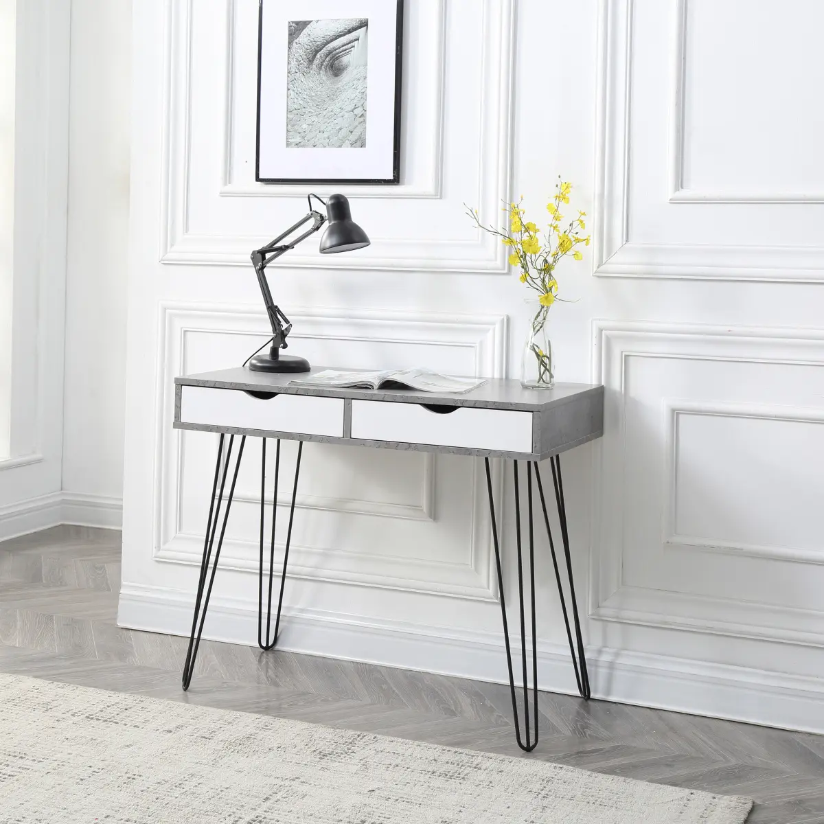 Retro Rectangle Marble Grain Solid Hardwood Wood & Metal Desk with Drawers - Office, Bedroom & Home Office Study Furniture for Dorm Use, Desk For Bedroom