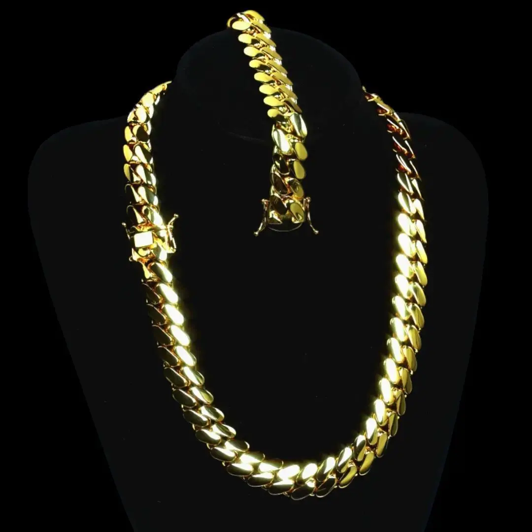 【2set】14K Vacuum-gold Plated Hip Hop Jewelry Stainless Steel Miami Cuban Link Chain Necklace and Bracelet Fashion Accessory Men Women unisex Monaco italy Mexico & Micro Promise chains for Husband Boyfriend Valentines Birthday Gift