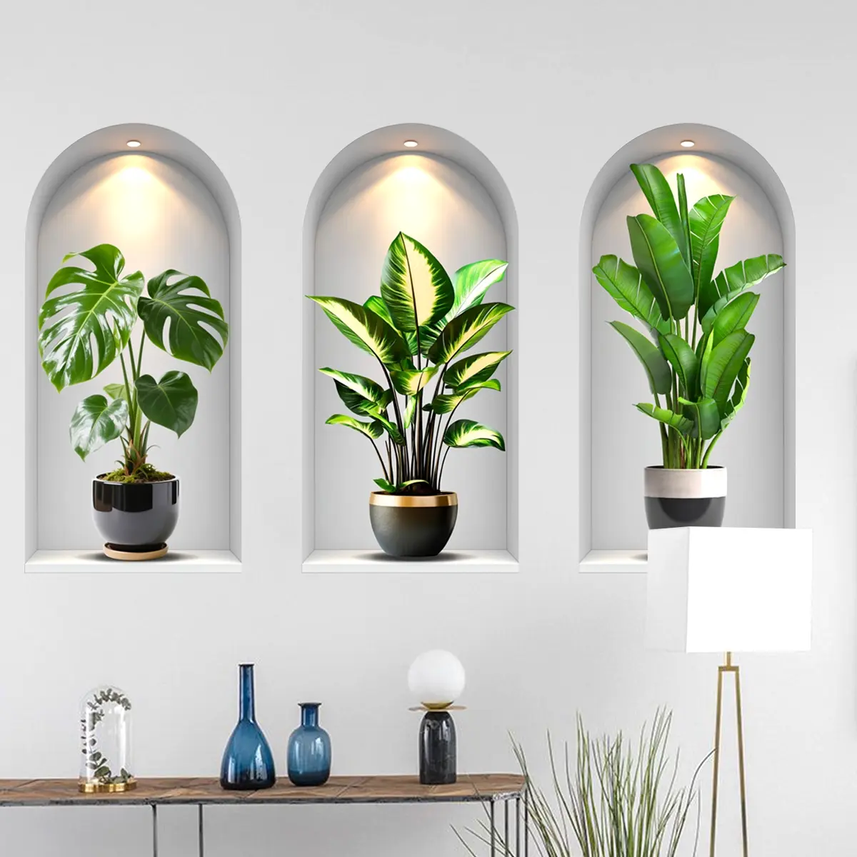 Set of 3 Self-Adhesive Plant Wall Stickers, 30x60cm, Living Room Bedroom Home Decor, Easy to Apply, No Damage Removal