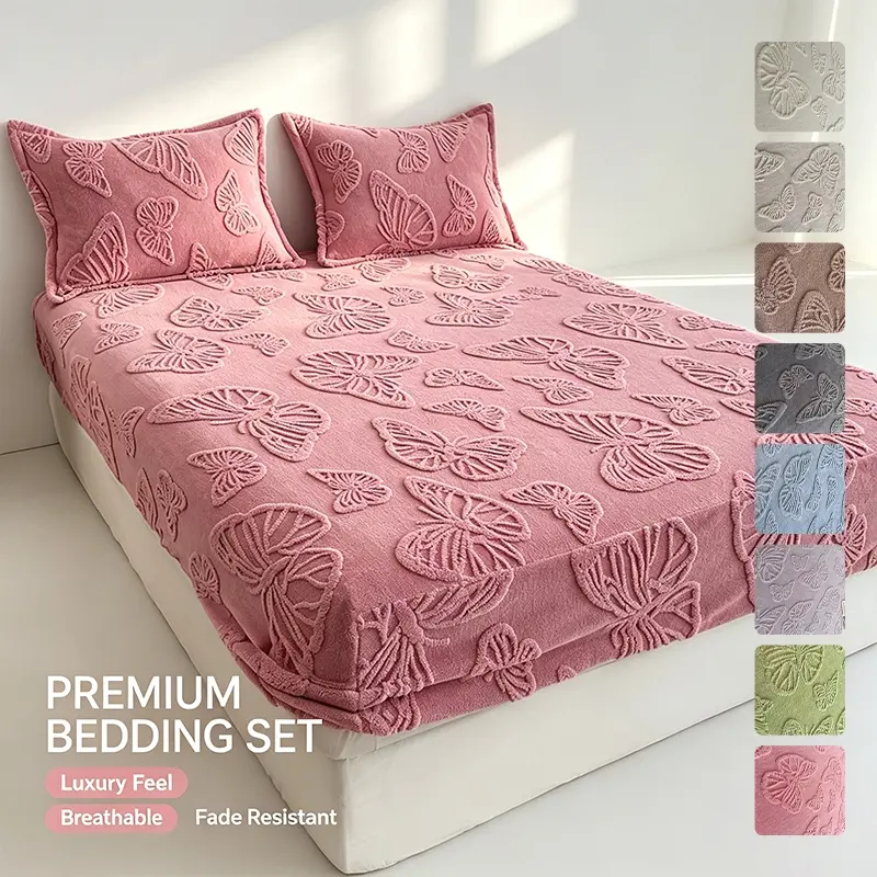Aesthetic Plush Fitted Sheet Bedding Set, Delicate Butterfly Jacquard Pattern, Fitted Sheet & Two Pillowcases, Elastic Edge, Multiple Colors, Trendy Fall Winter Back‑to‑School Dorm Decor