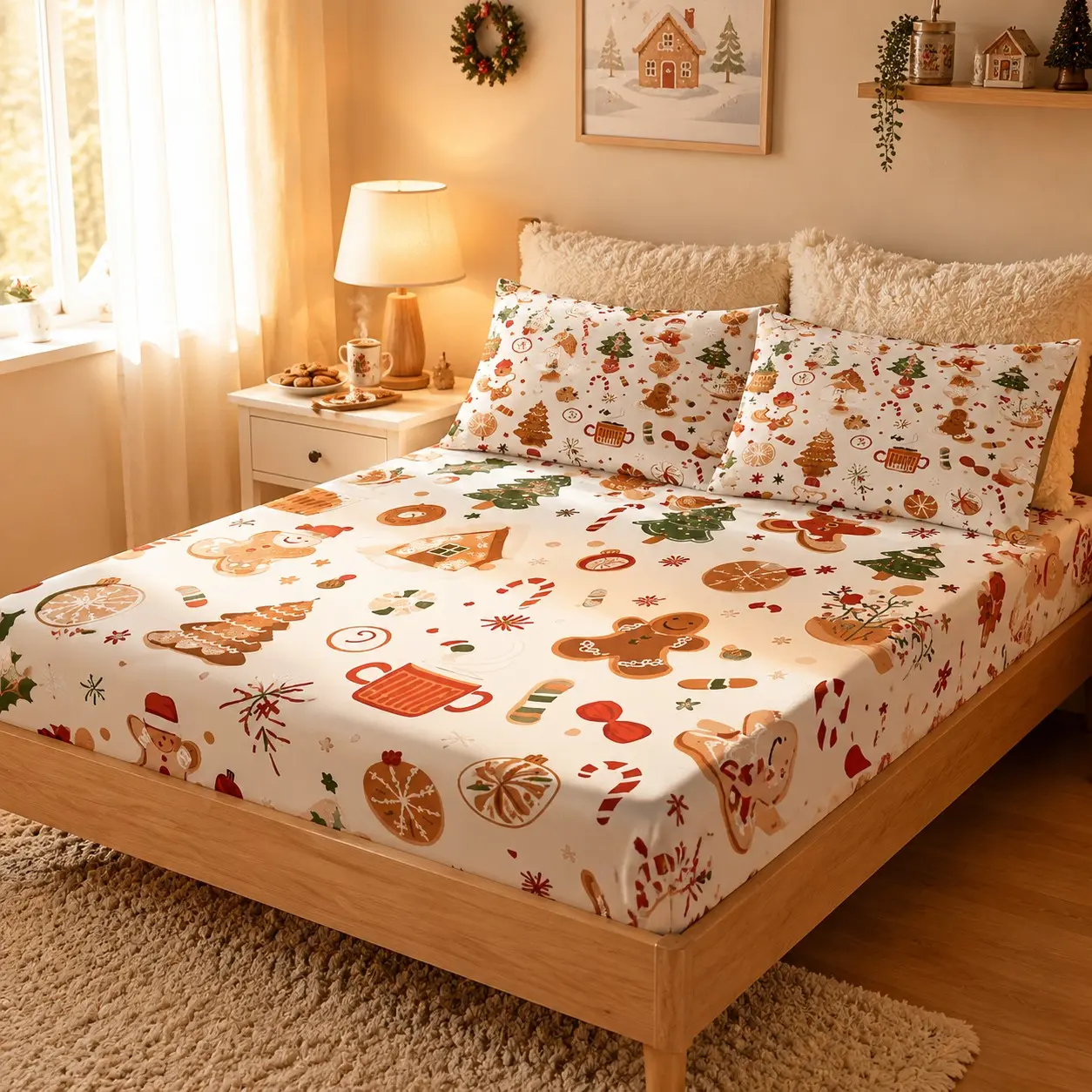 3-Piece Christmas Gingerbread Man Hot Cocoa Pattern Bed Sheet Set, Polyester, King Size, Includes 1 Duvet Cover + 2 Pillowcases